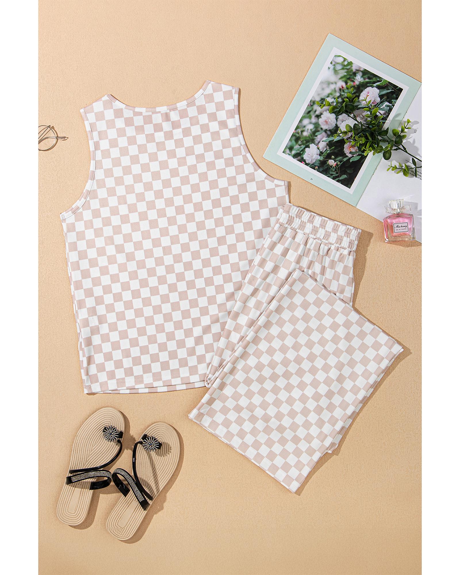 White Ribbed Texture Checkered Print 2pcs Tank and Pants Set - L 8