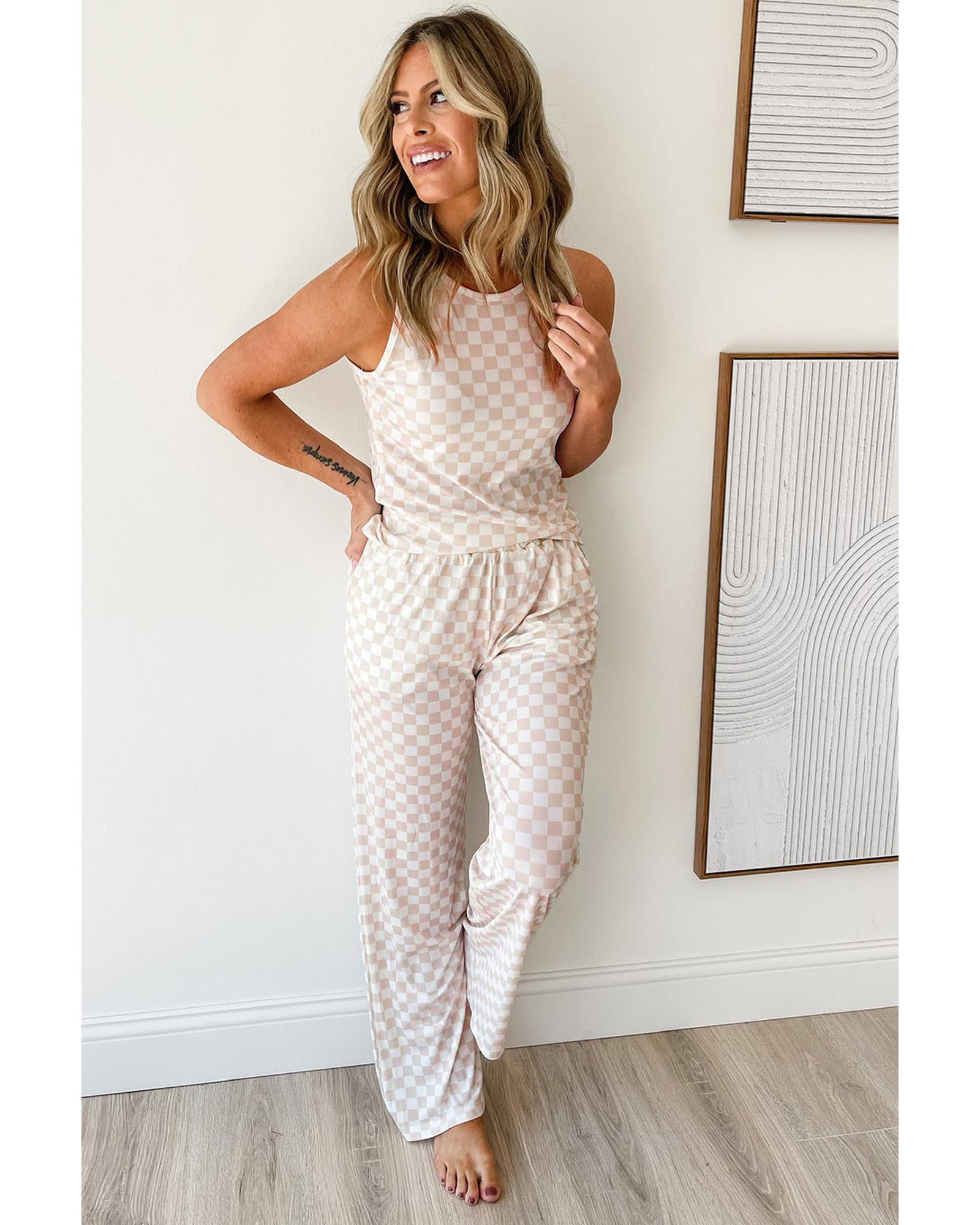 White Ribbed Texture Checkered Print 2pcs Tank and Pants Set - M
