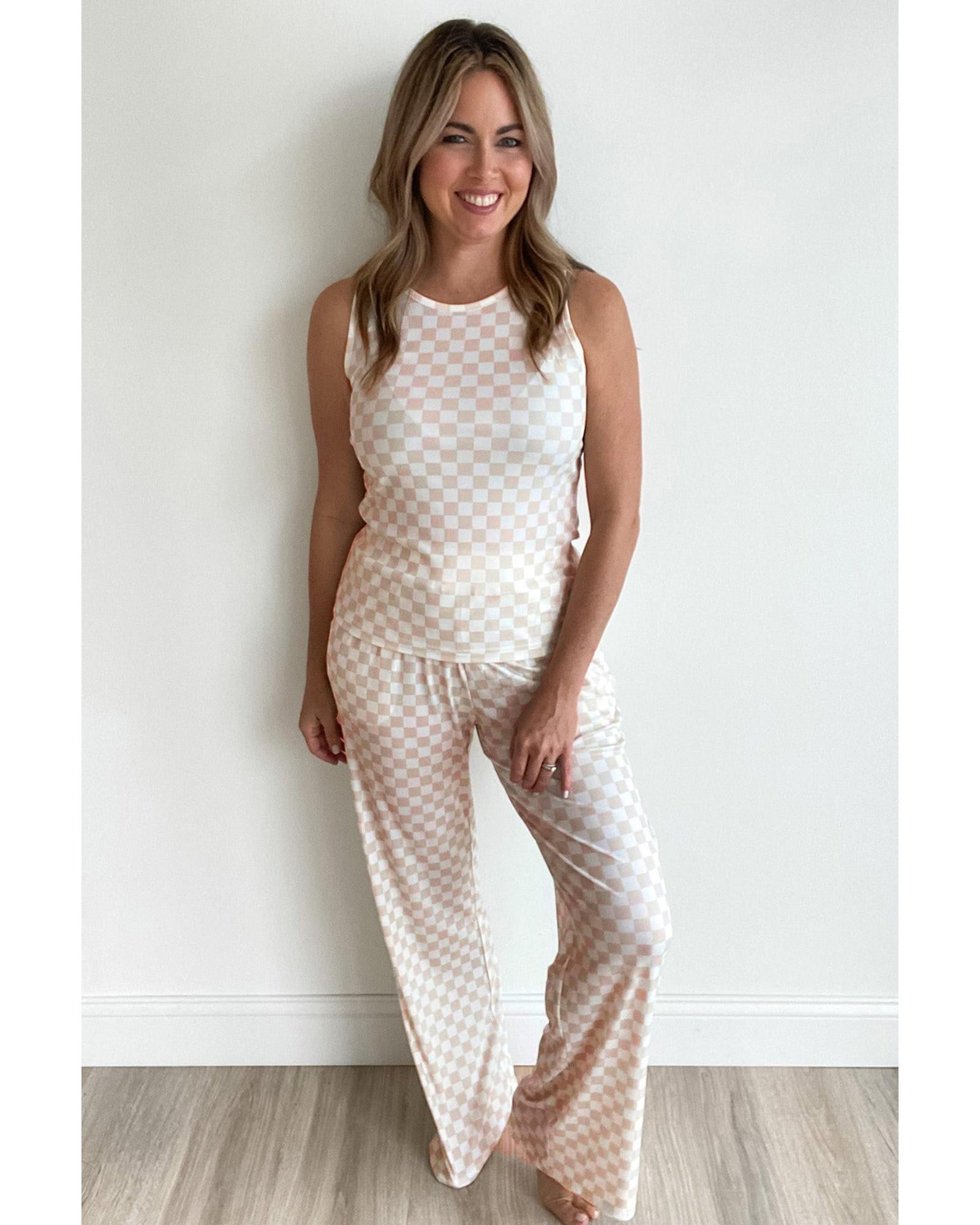 White Ribbed Texture Checkered Print 2pcs Tank and Pants Set - M 4