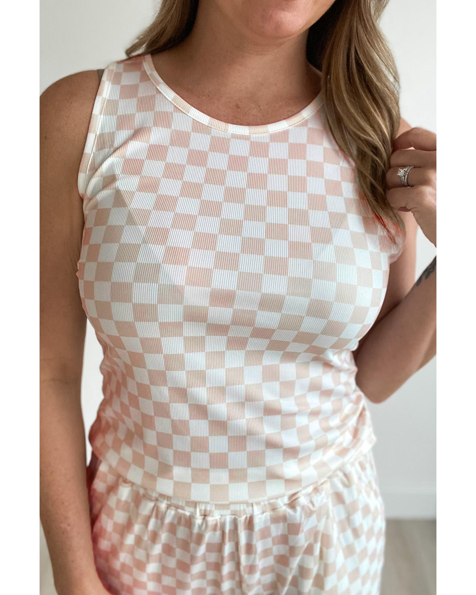 White Ribbed Texture Checkered Print 2pcs Tank and Pants Set - M 5