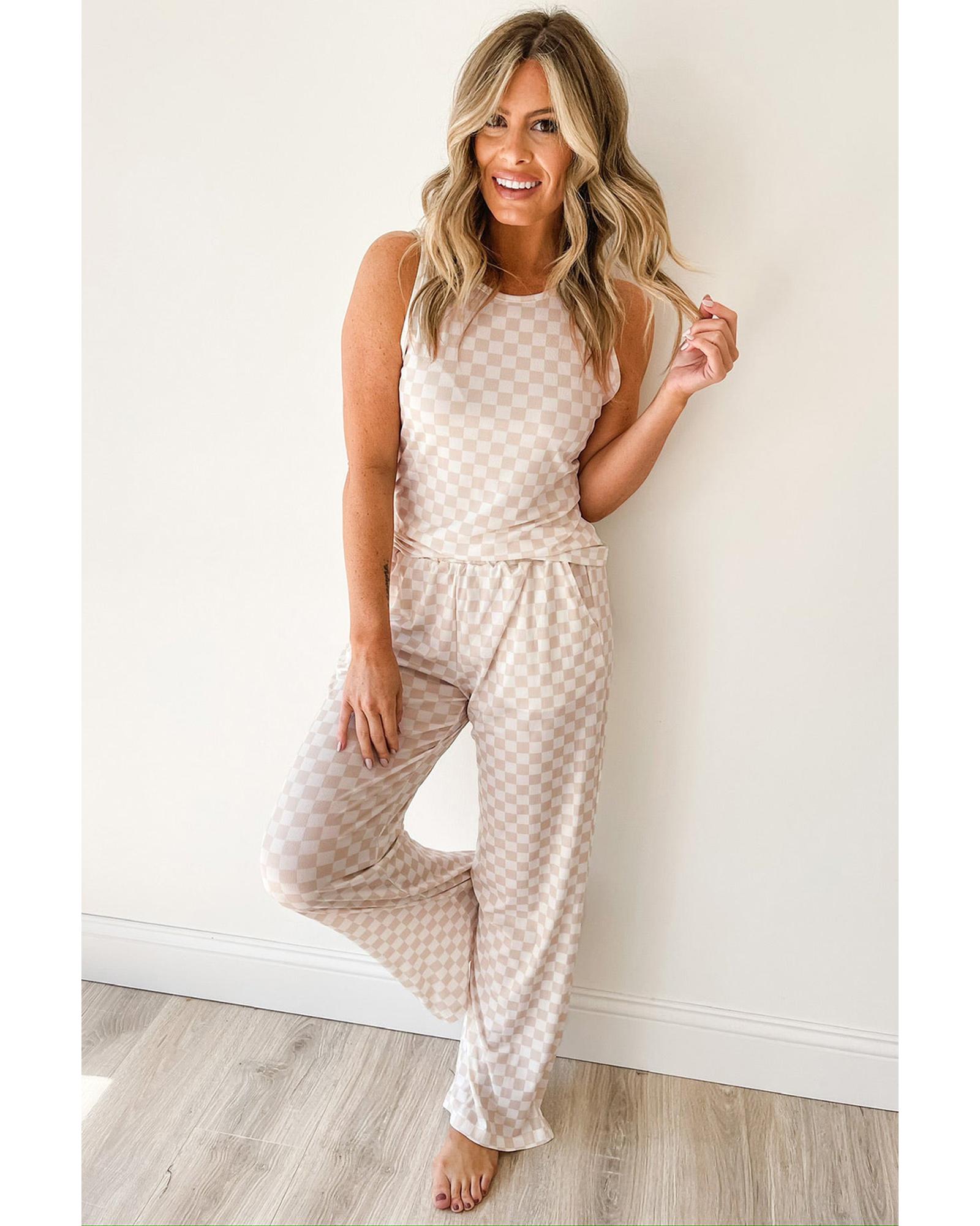 White Ribbed Texture Checkered Print 2pcs Tank and Pants Set - M 6