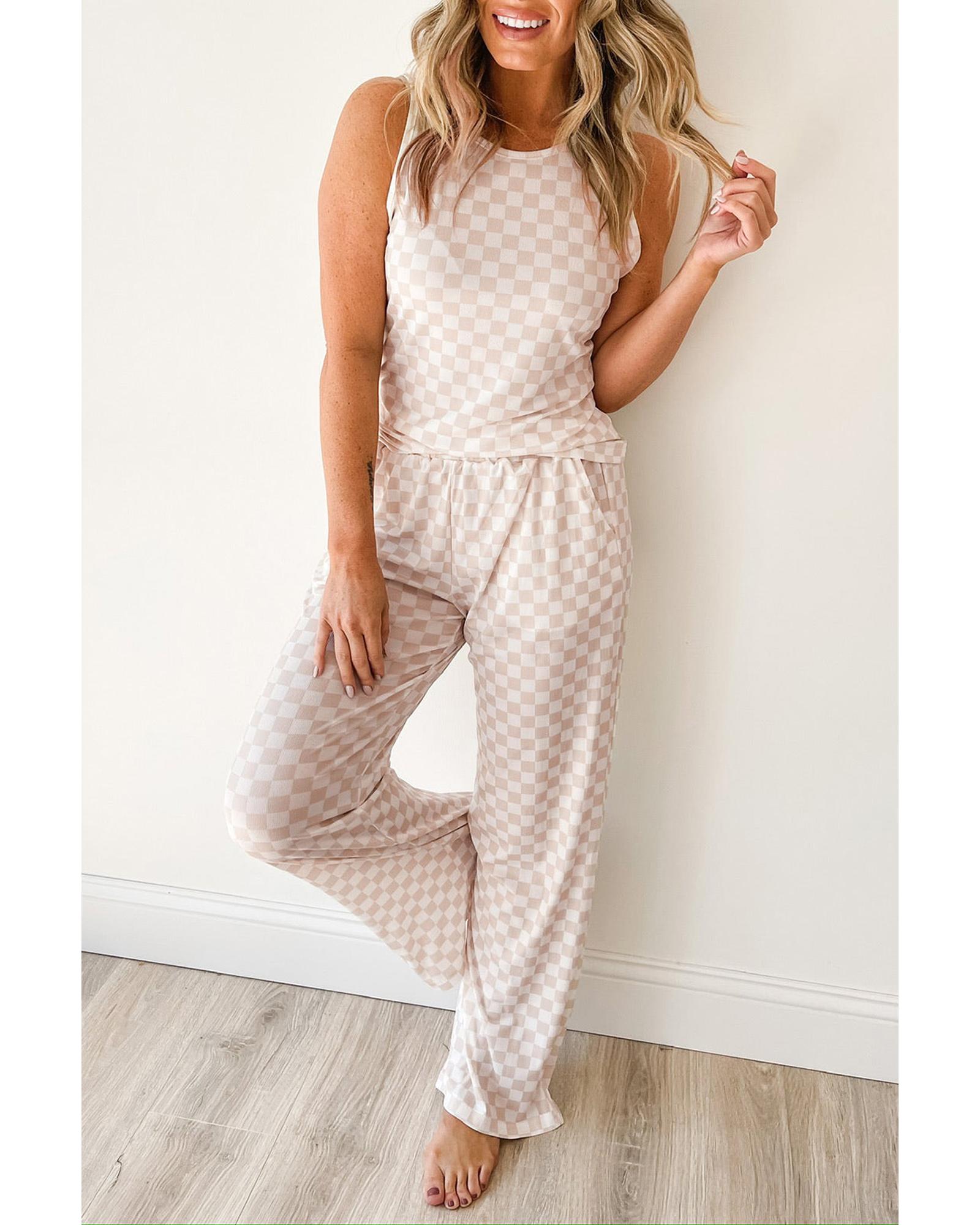 White Ribbed Texture Checkered Print 2pcs Tank and Pants Set - S