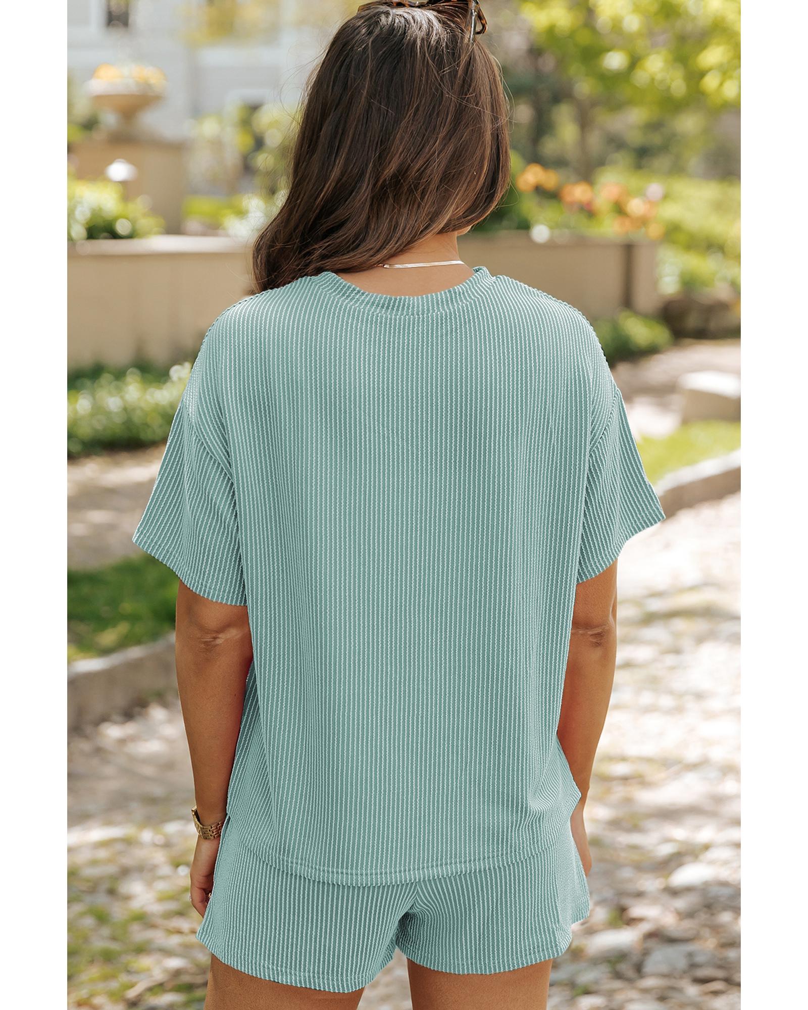 Iceland Blue Ribbed Textured Knit Loose Fit Tee and Shorts Set - L 4