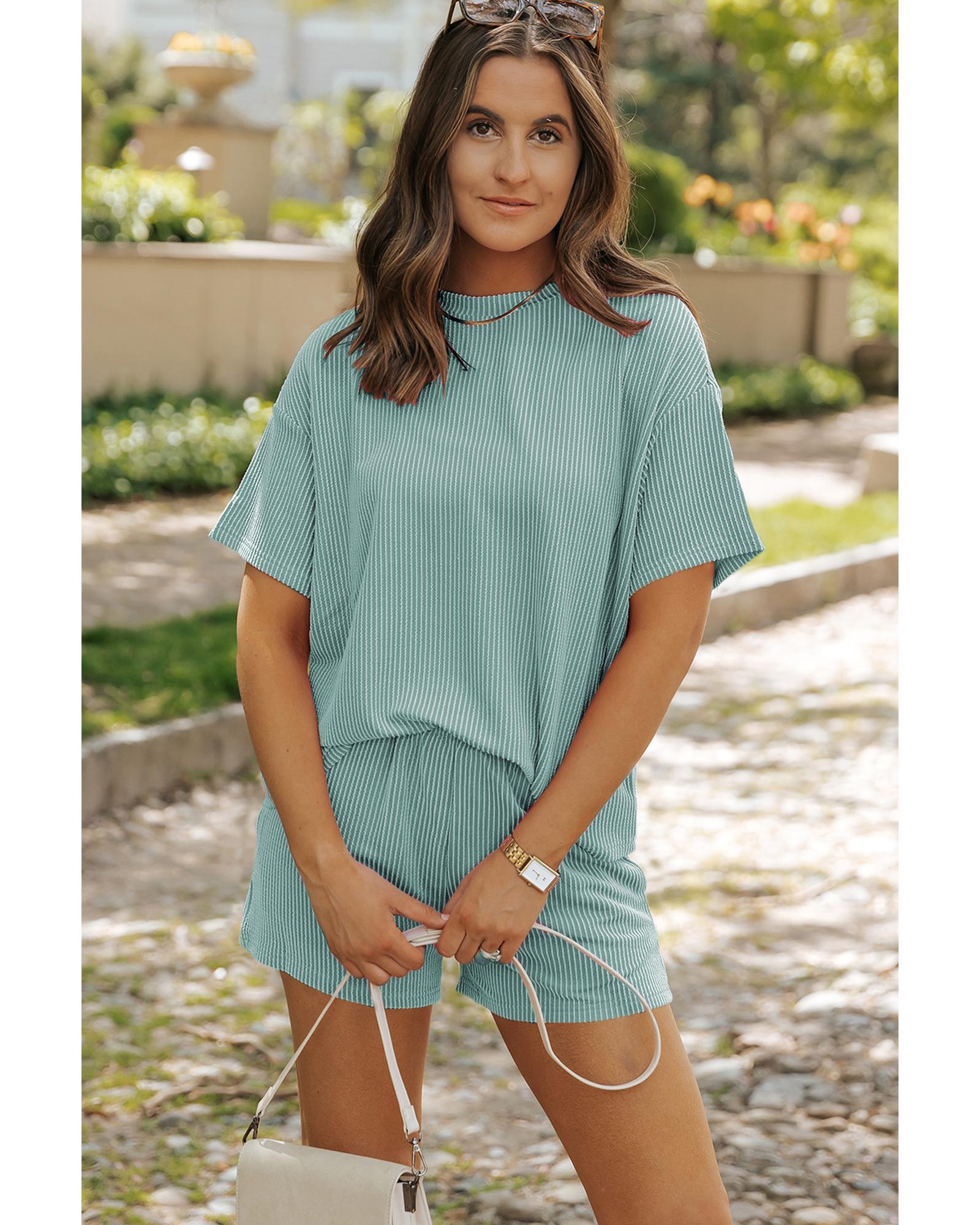 Iceland Blue Ribbed Textured Knit Loose Fit Tee and Shorts Set - XL