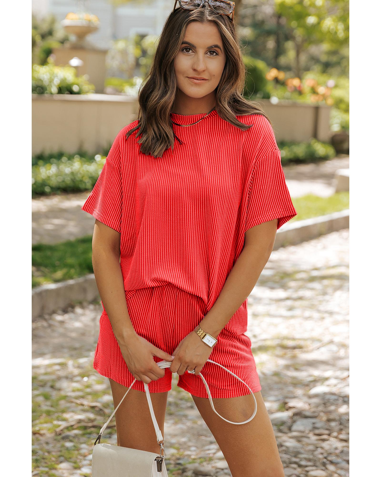 Orange Ribbed Textured Knit Loose Fit Tee and Shorts Set - M