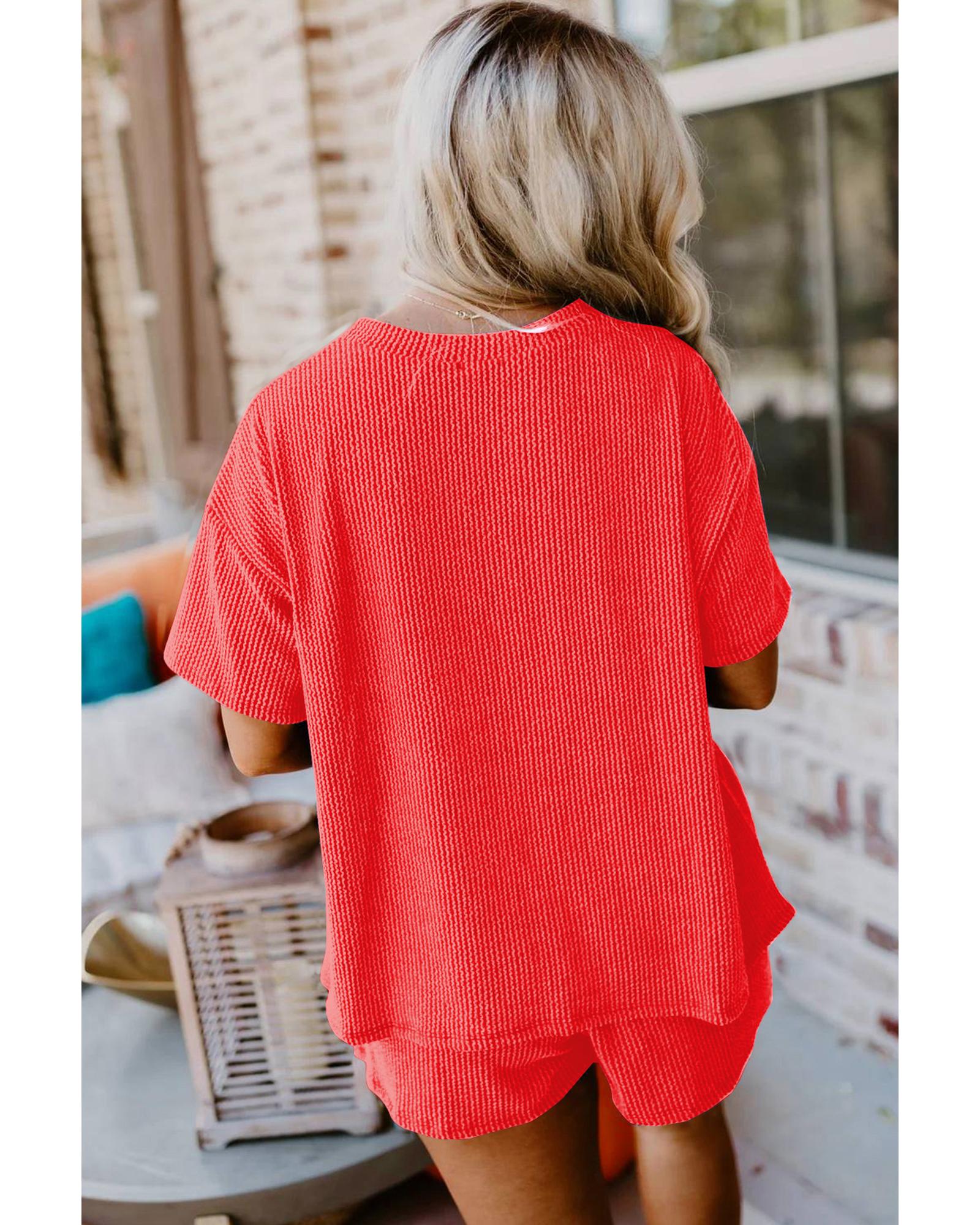 Orange Ribbed Textured Knit Loose Fit Tee and Shorts Set - M 4