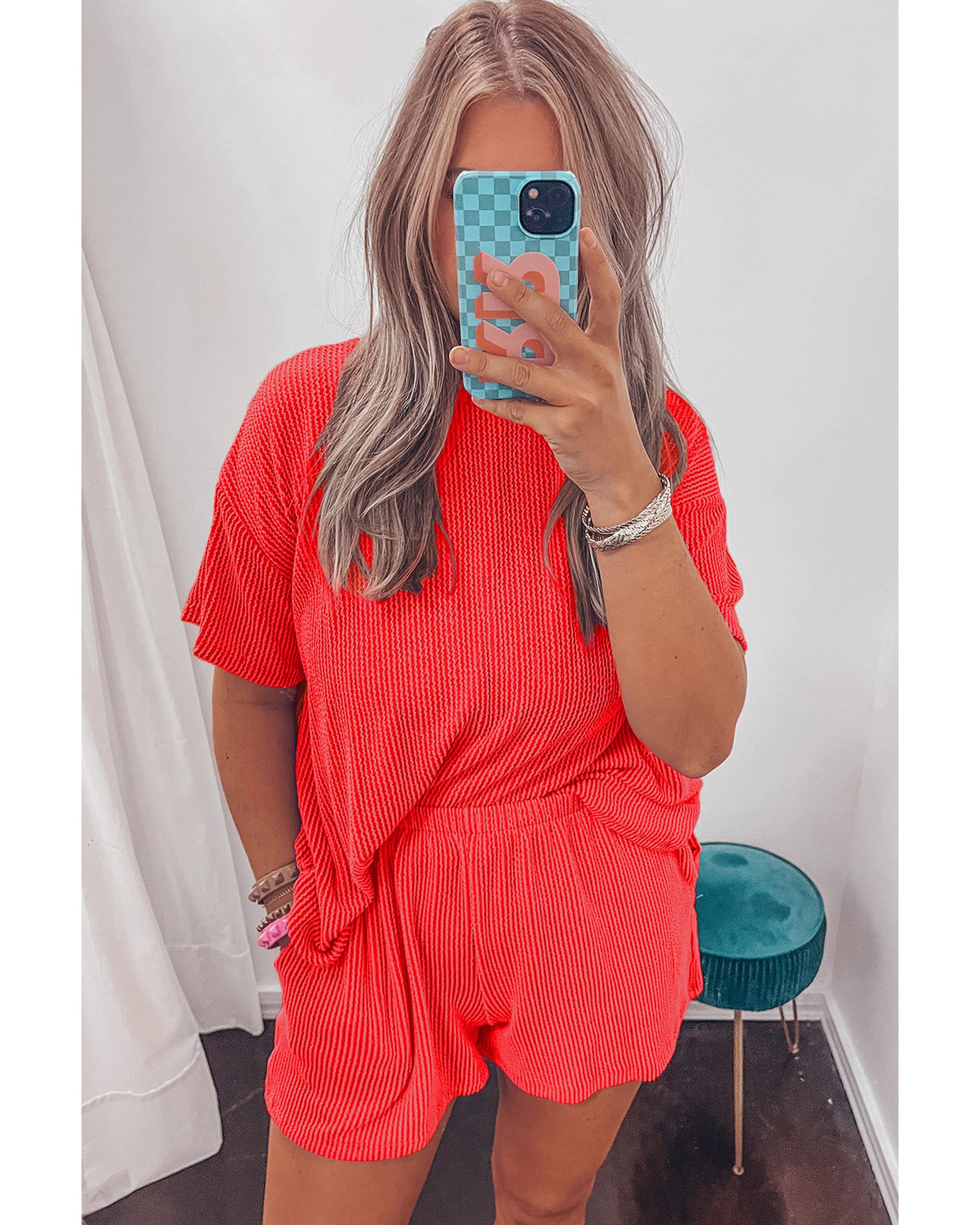 Orange Ribbed Textured Knit Loose Fit Tee and Shorts Set - M 5
