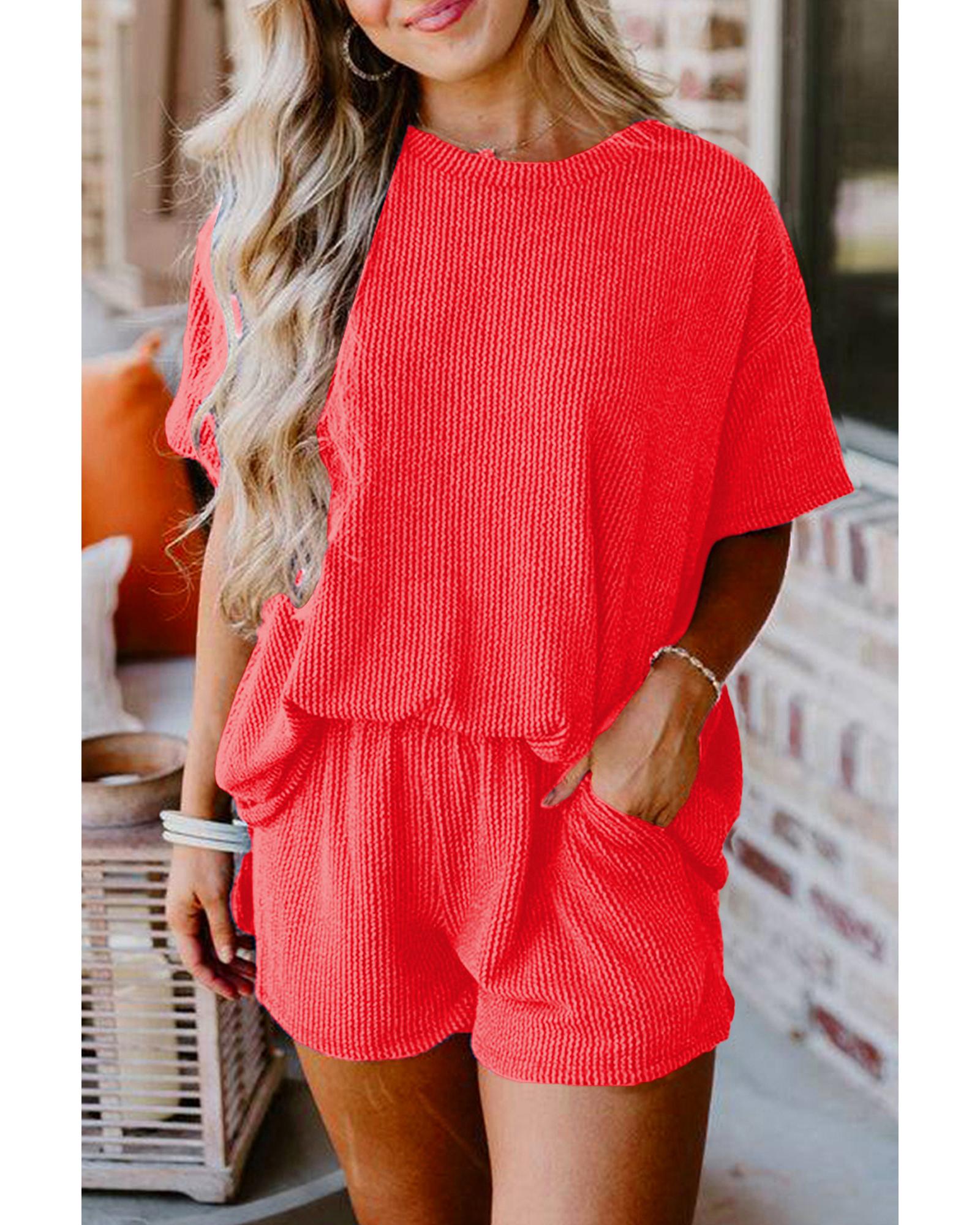 Orange Ribbed Textured Knit Loose Fit Tee and Shorts Set - M 6