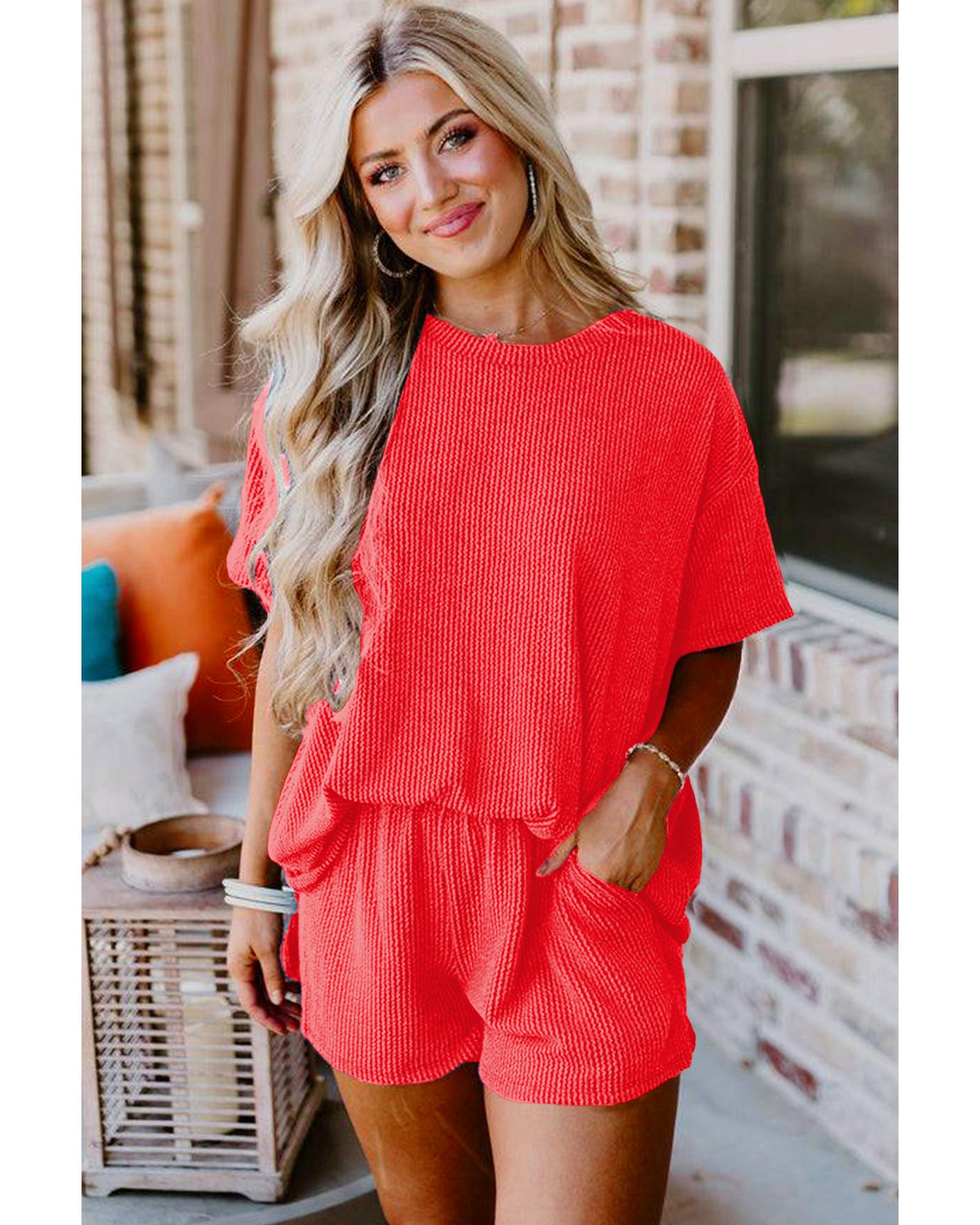Orange Ribbed Textured Knit Loose Fit Tee and Shorts Set - XL