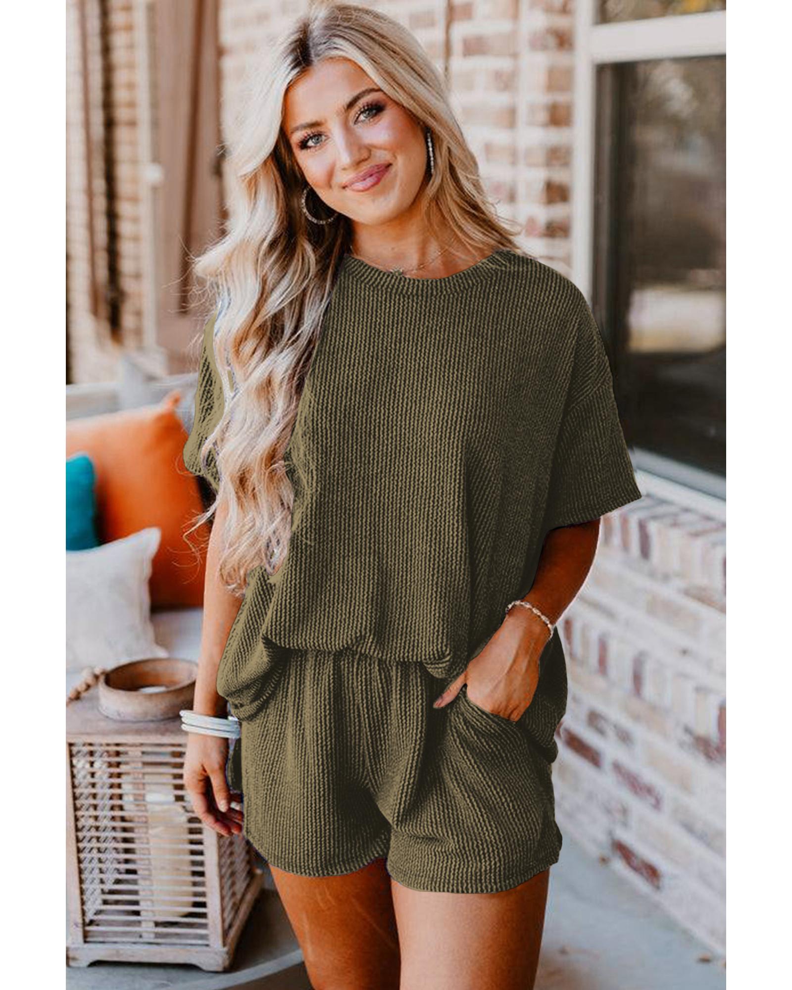 Jungle Green Ribbed Textured Knit Loose Fit Tee and Shorts Set - L
