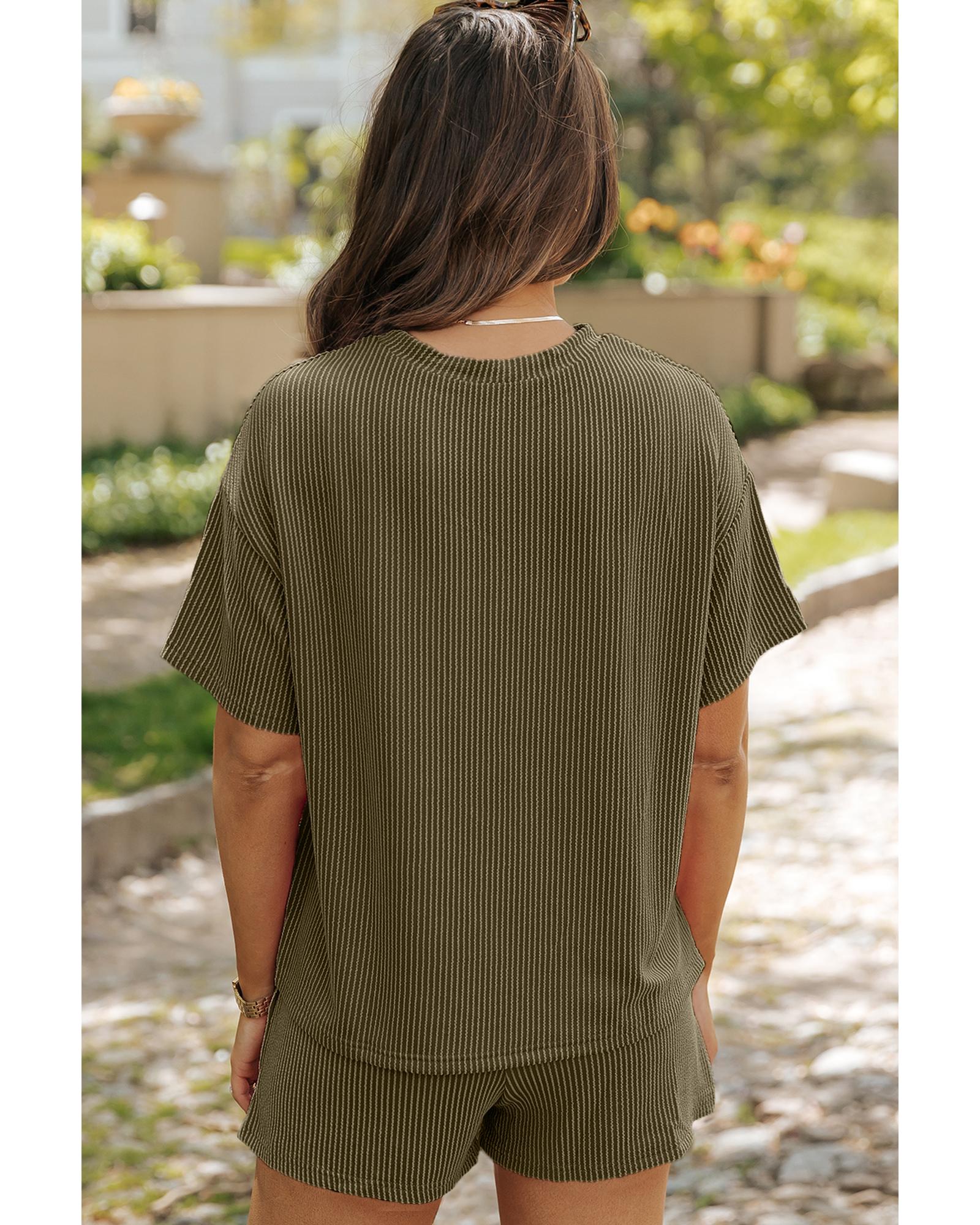 Jungle Green Ribbed Textured Knit Loose Fit Tee and Shorts Set - M