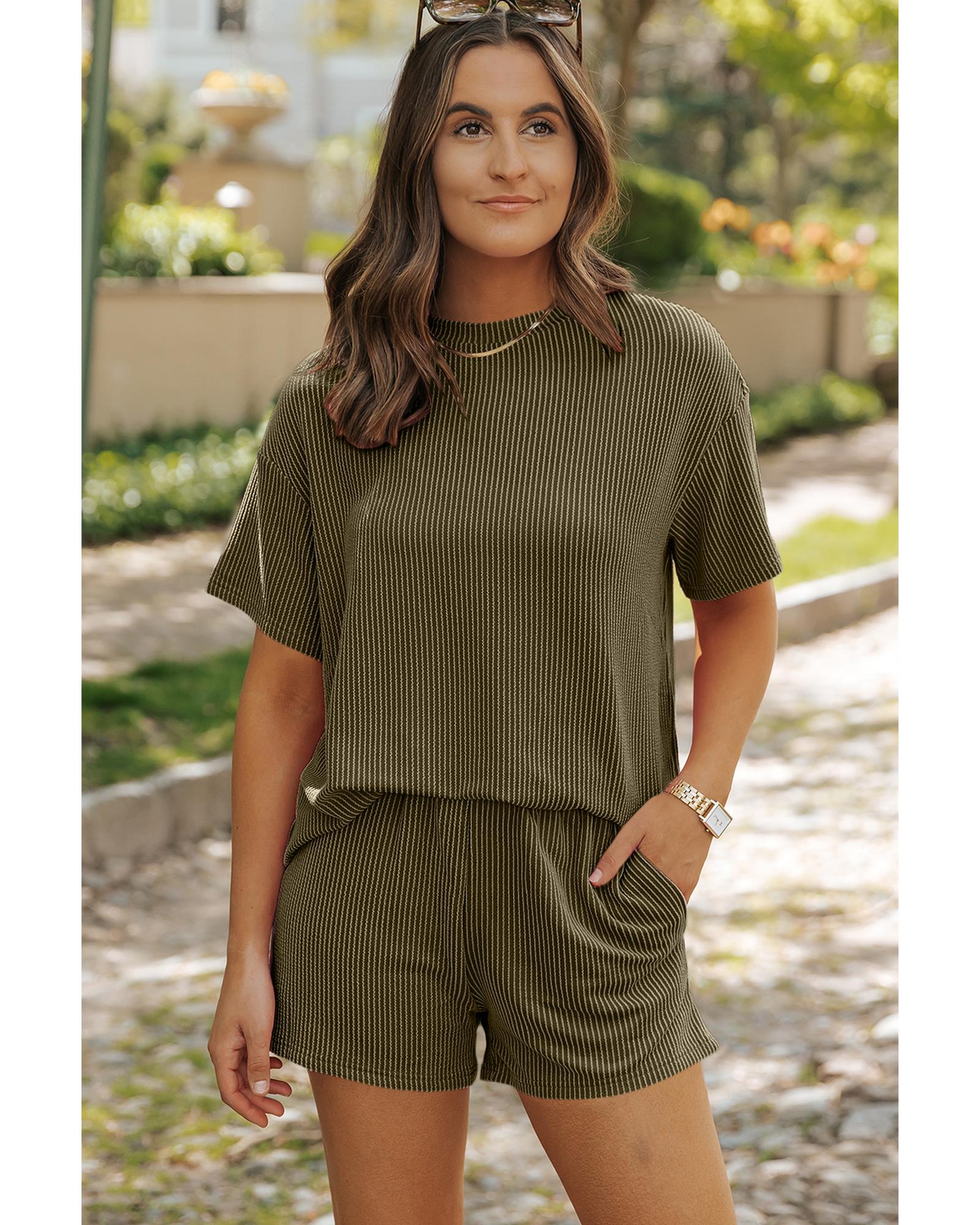 Jungle Green Ribbed Textured Knit Loose Fit Tee and Shorts Set - S 7