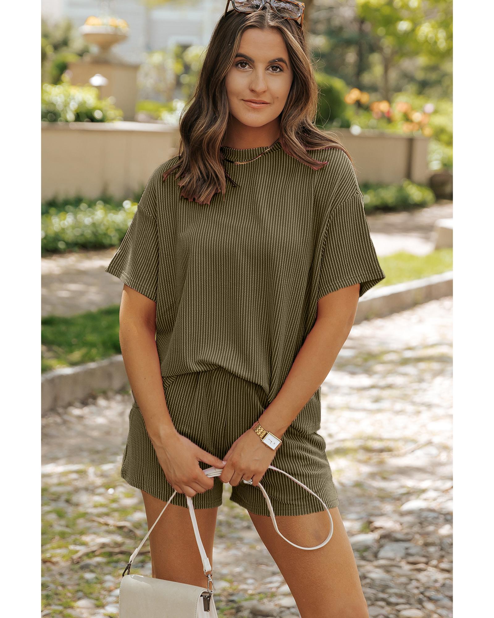 Jungle Green Ribbed Textured Knit Loose Fit Tee and Shorts Set - S 8