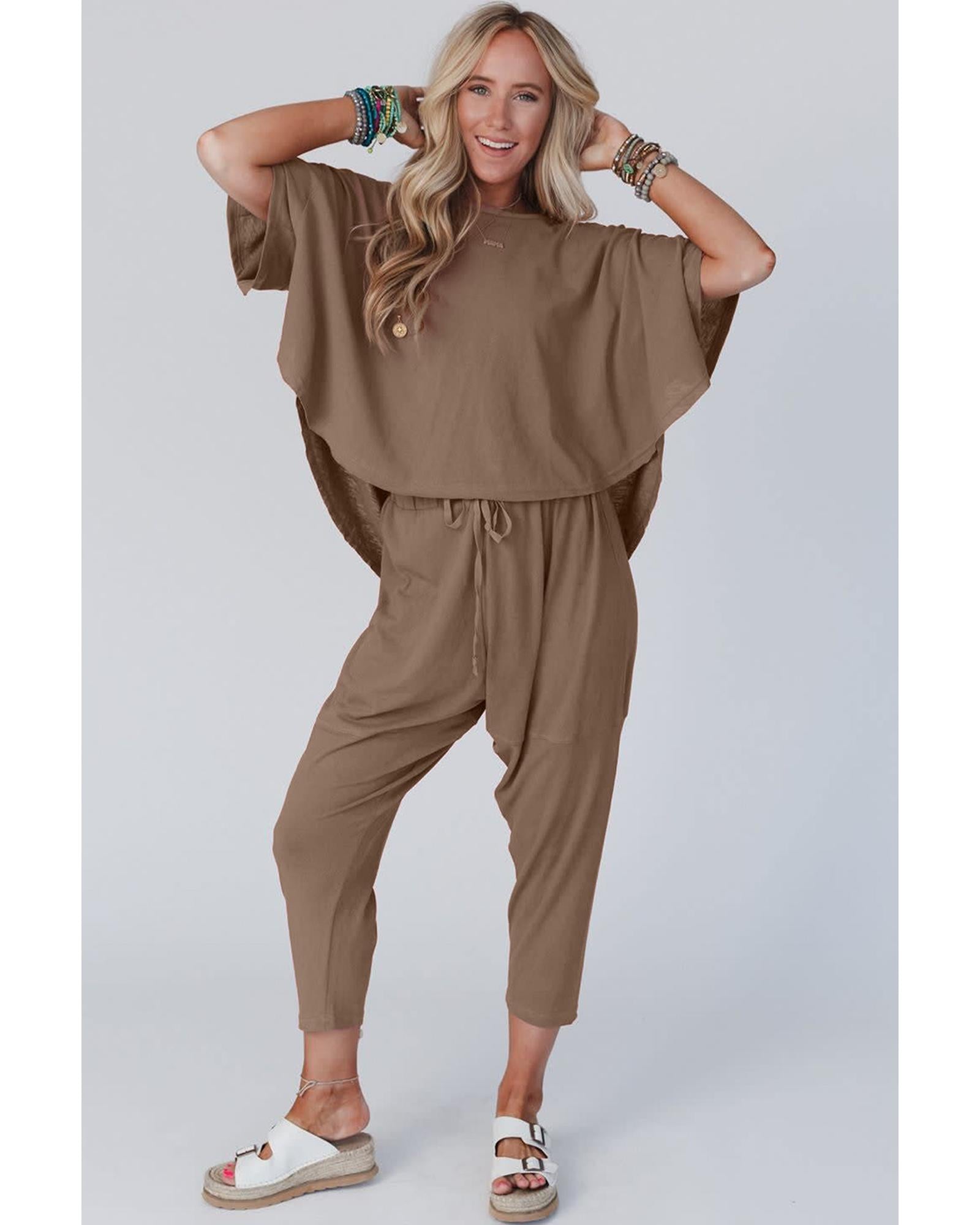 Simply Taupe High Low Boxy Fit Tee and Crop Pants Set - L 4