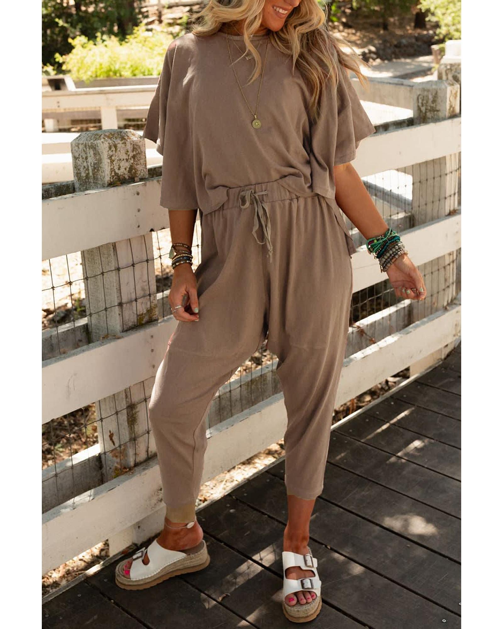 Simply Taupe High Low Boxy Fit Tee and Crop Pants Set - L 5