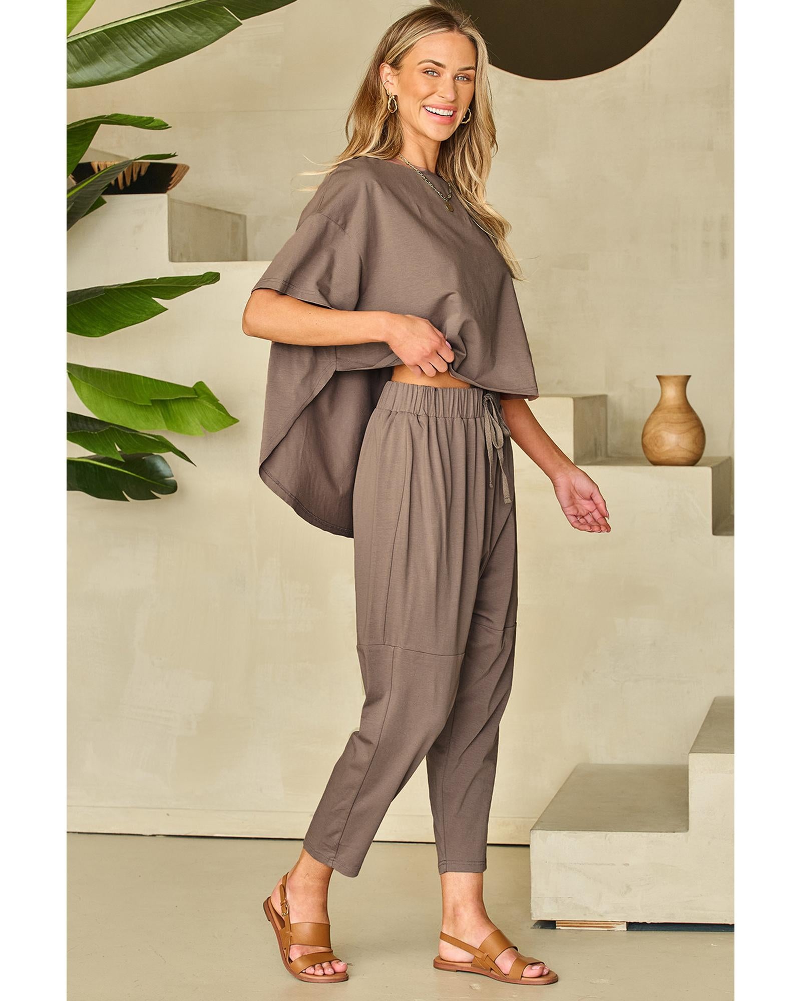Simply Taupe High Low Boxy Fit Tee and Crop Pants Set - L 7