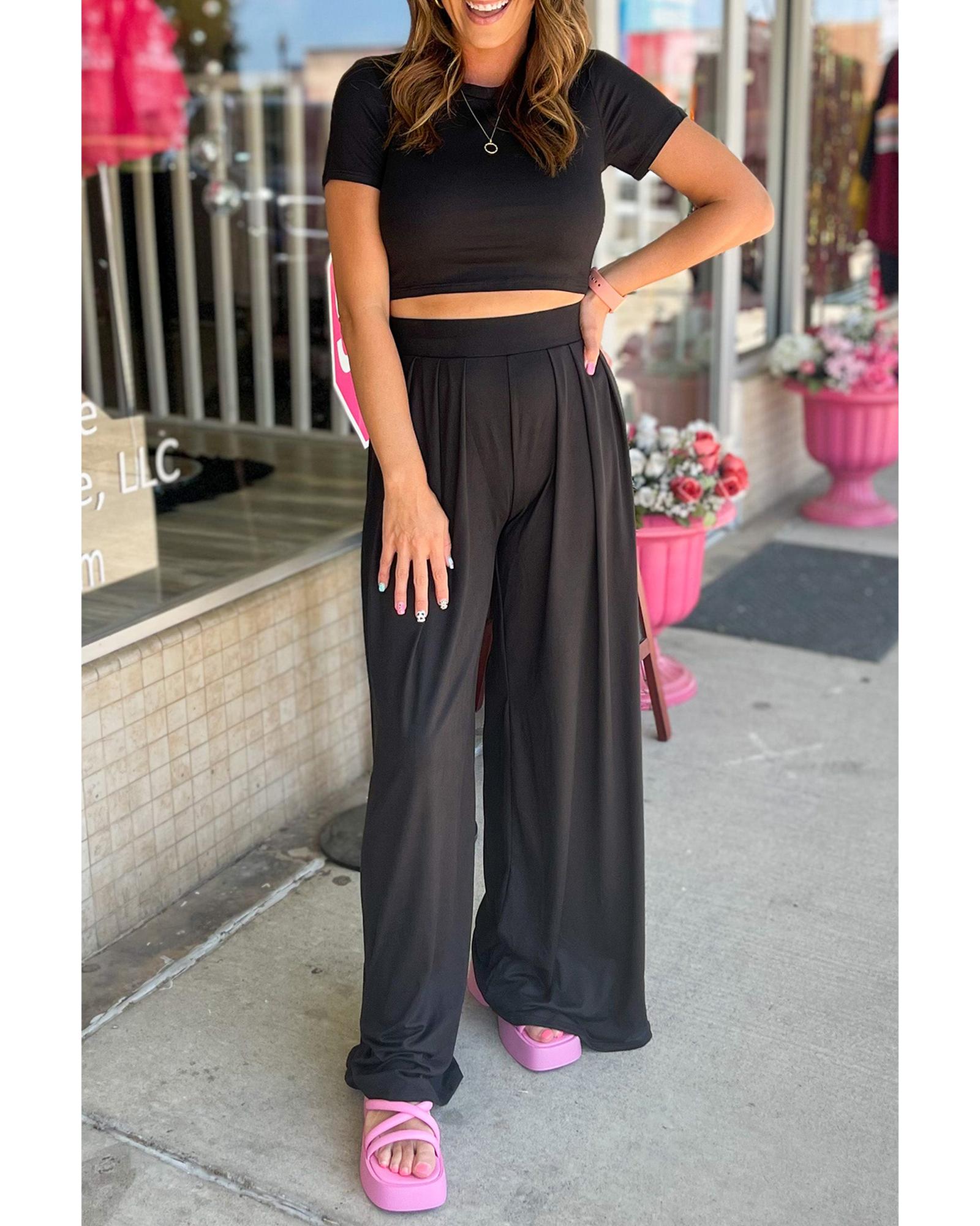 Black Slim Fit Crop Top and Pleated Wide Leg Pants Set - L 5