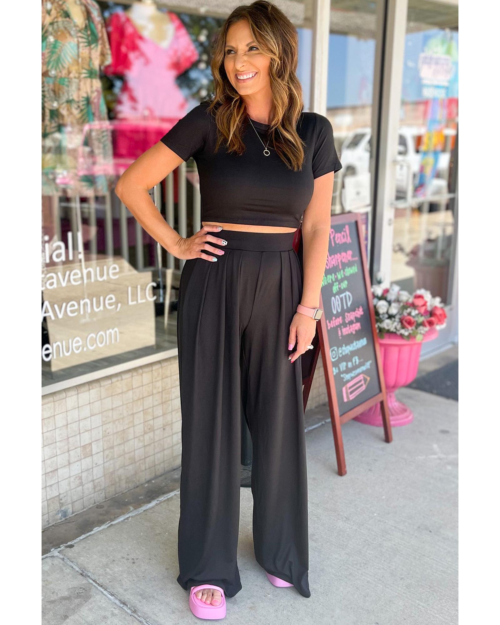 Black Slim Fit Crop Top and Pleated Wide Leg Pants Set - L 7
