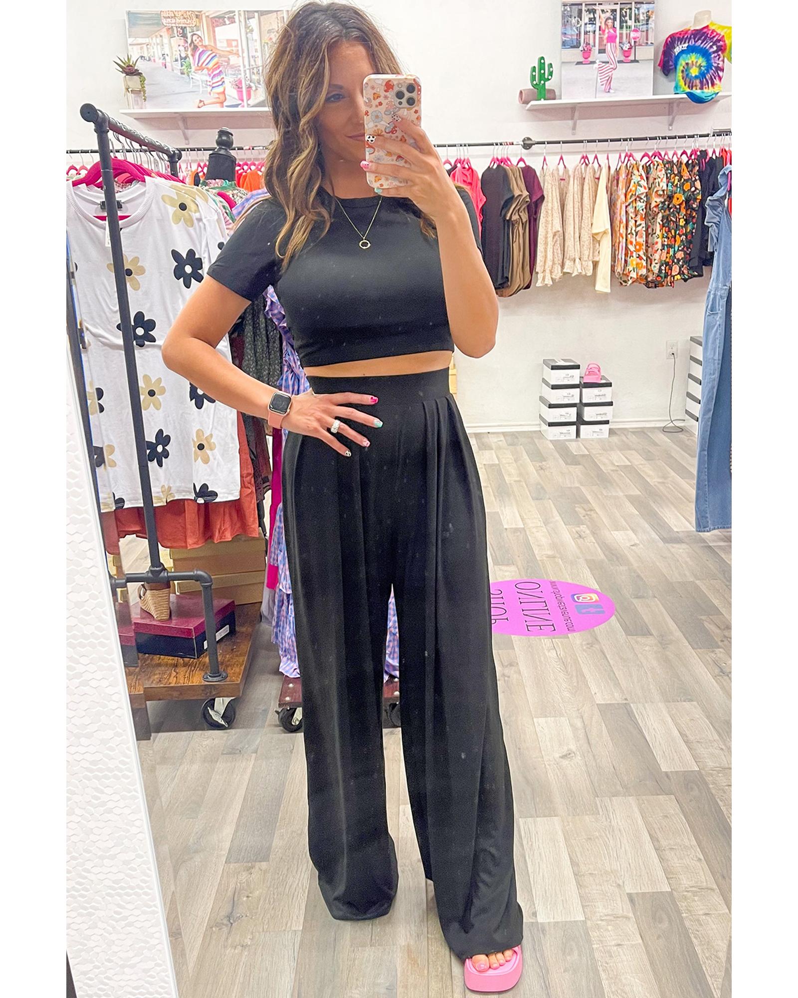 Black Slim Fit Crop Top and Pleated Wide Leg Pants Set - L 8