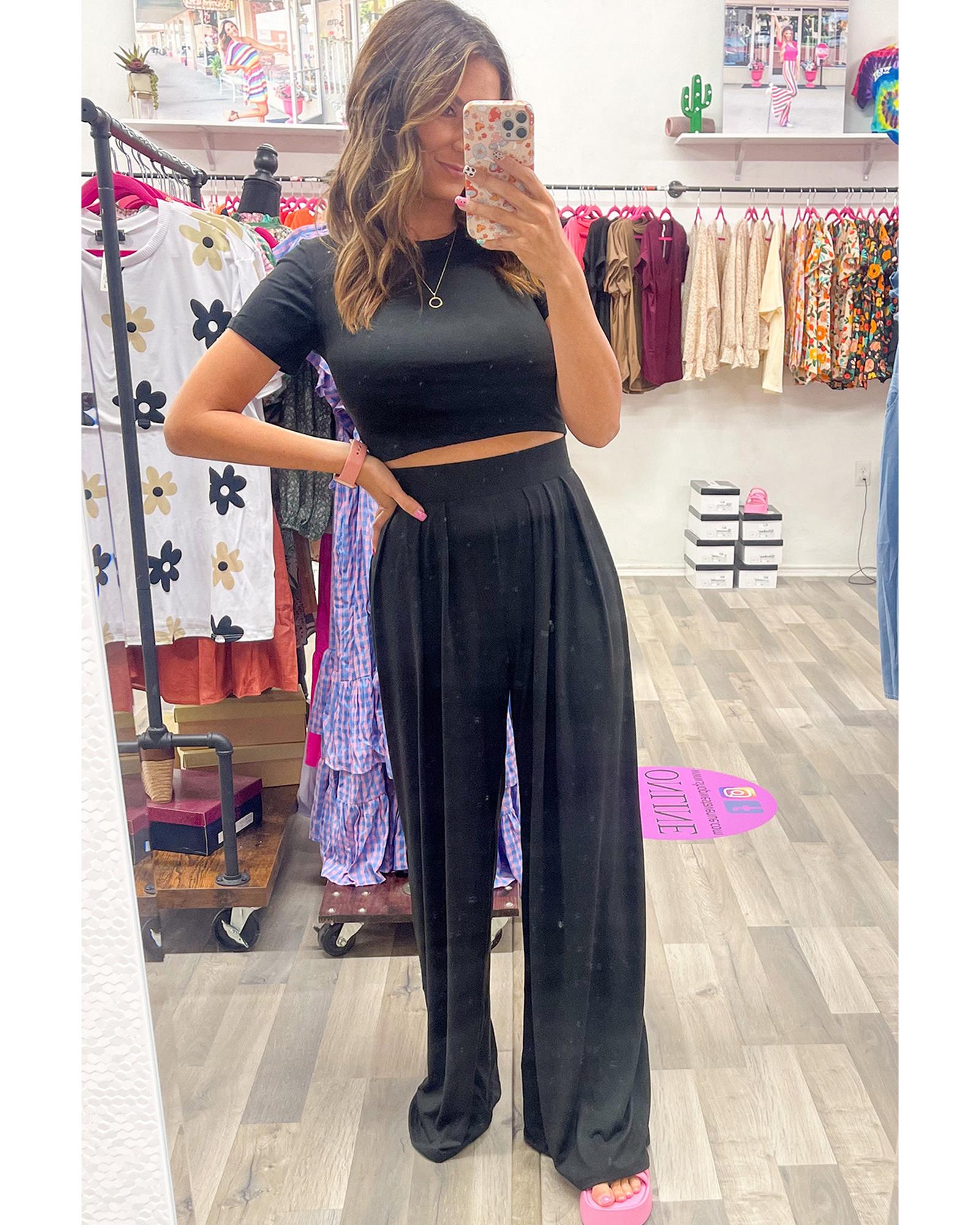 Black Slim Fit Crop Top and Pleated Wide Leg Pants Set - XL