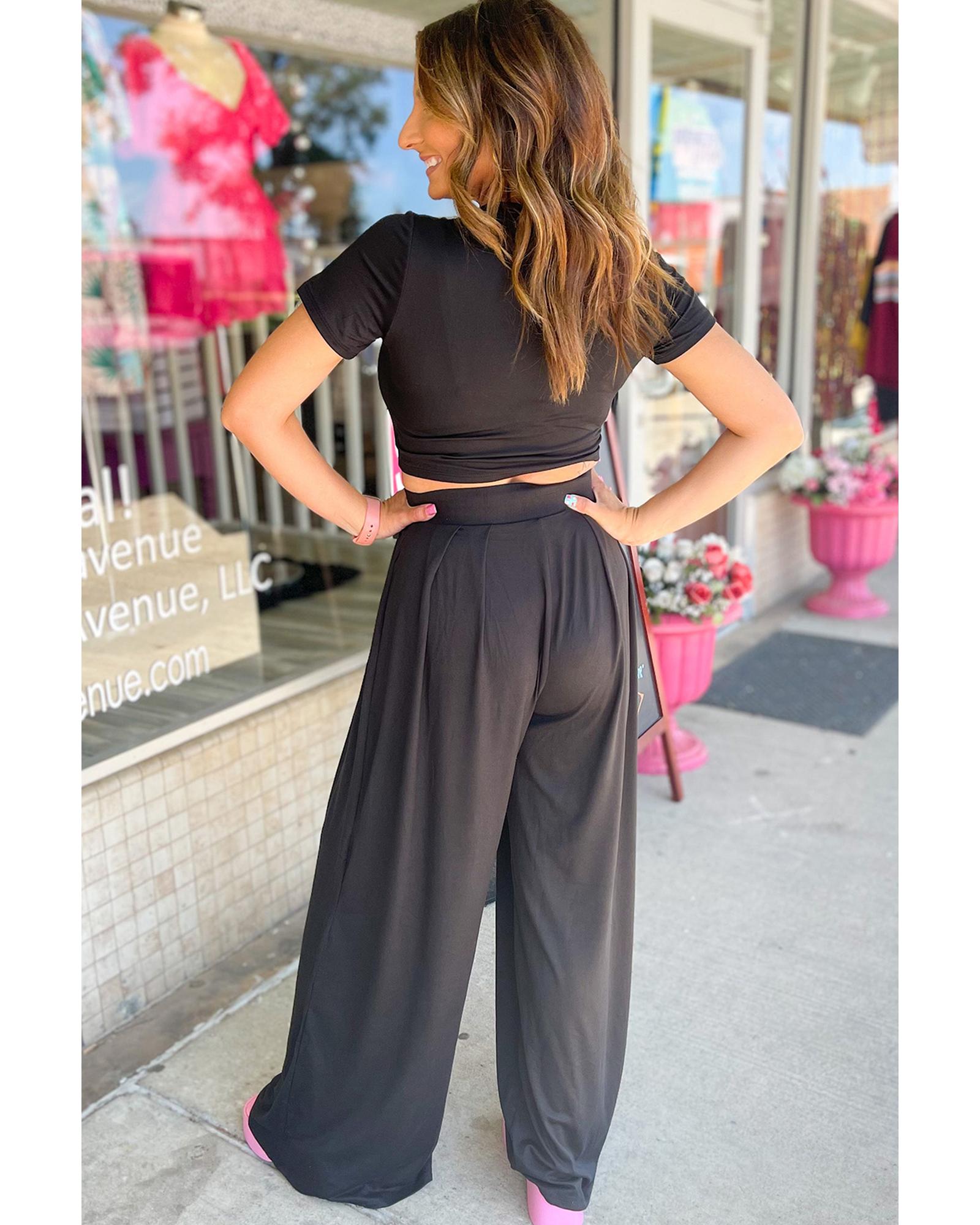 Black Slim Fit Crop Top and Pleated Wide Leg Pants Set - XL 7