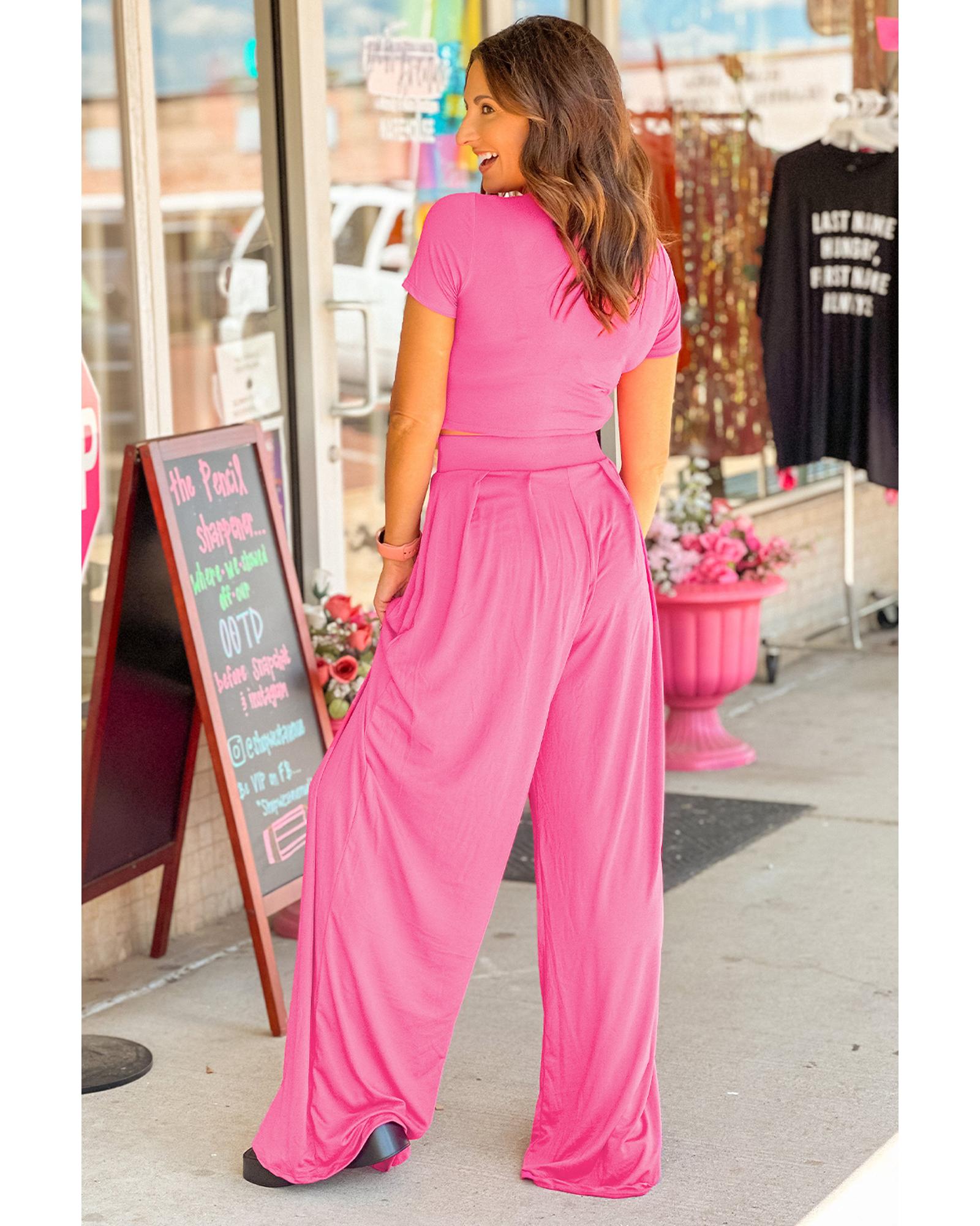 Strawberry Pink Slim Fit Crop Top and Pleated Wide Leg Pants Set - L 5