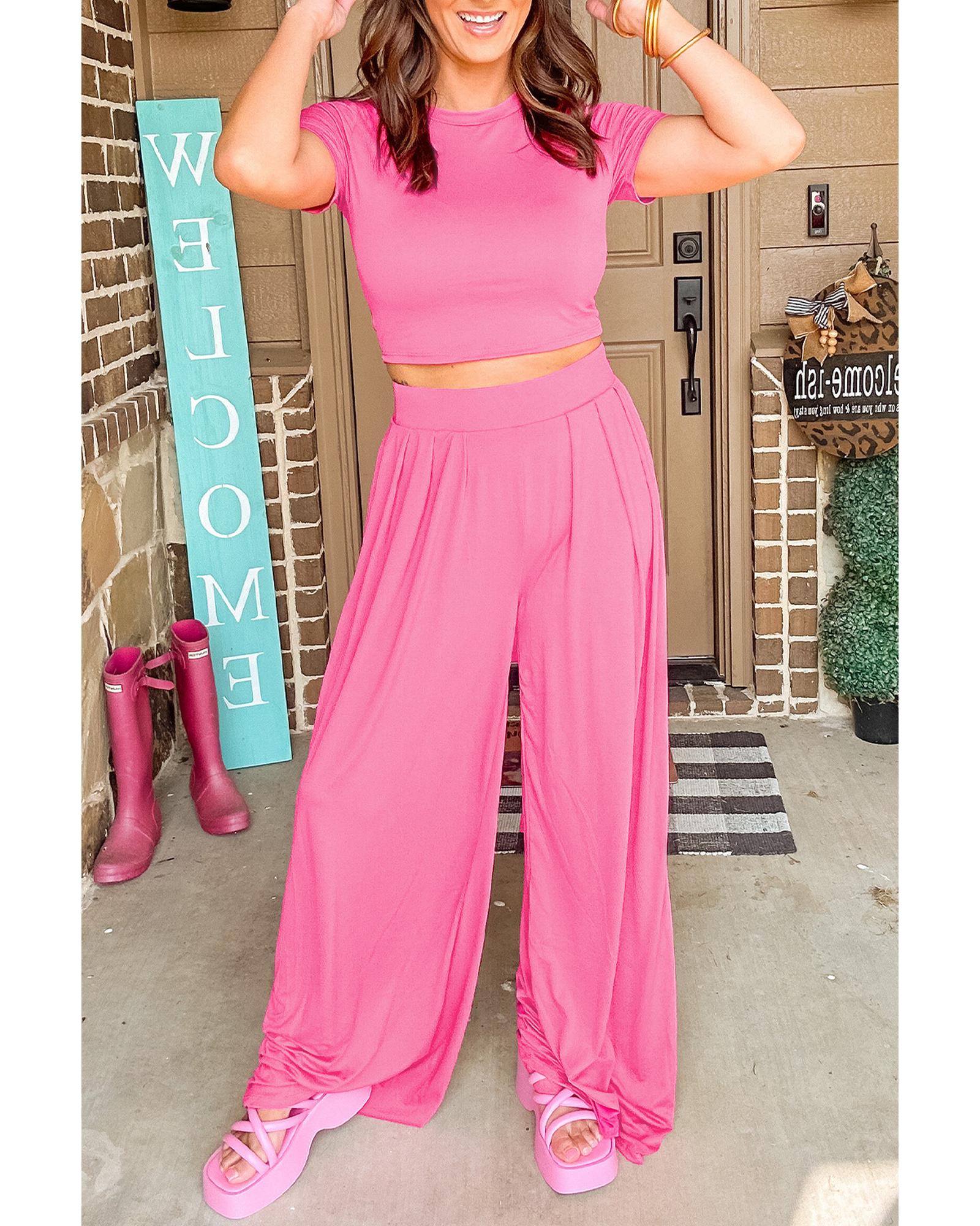 Strawberry Pink Slim Fit Crop Top and Pleated Wide Leg Pants Set - L 8
