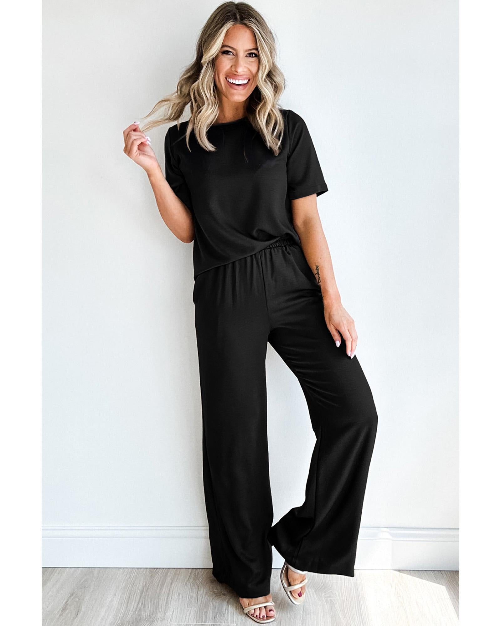 Black Solid Color T Shirt 2pcs Wide Leg Pants Set - M