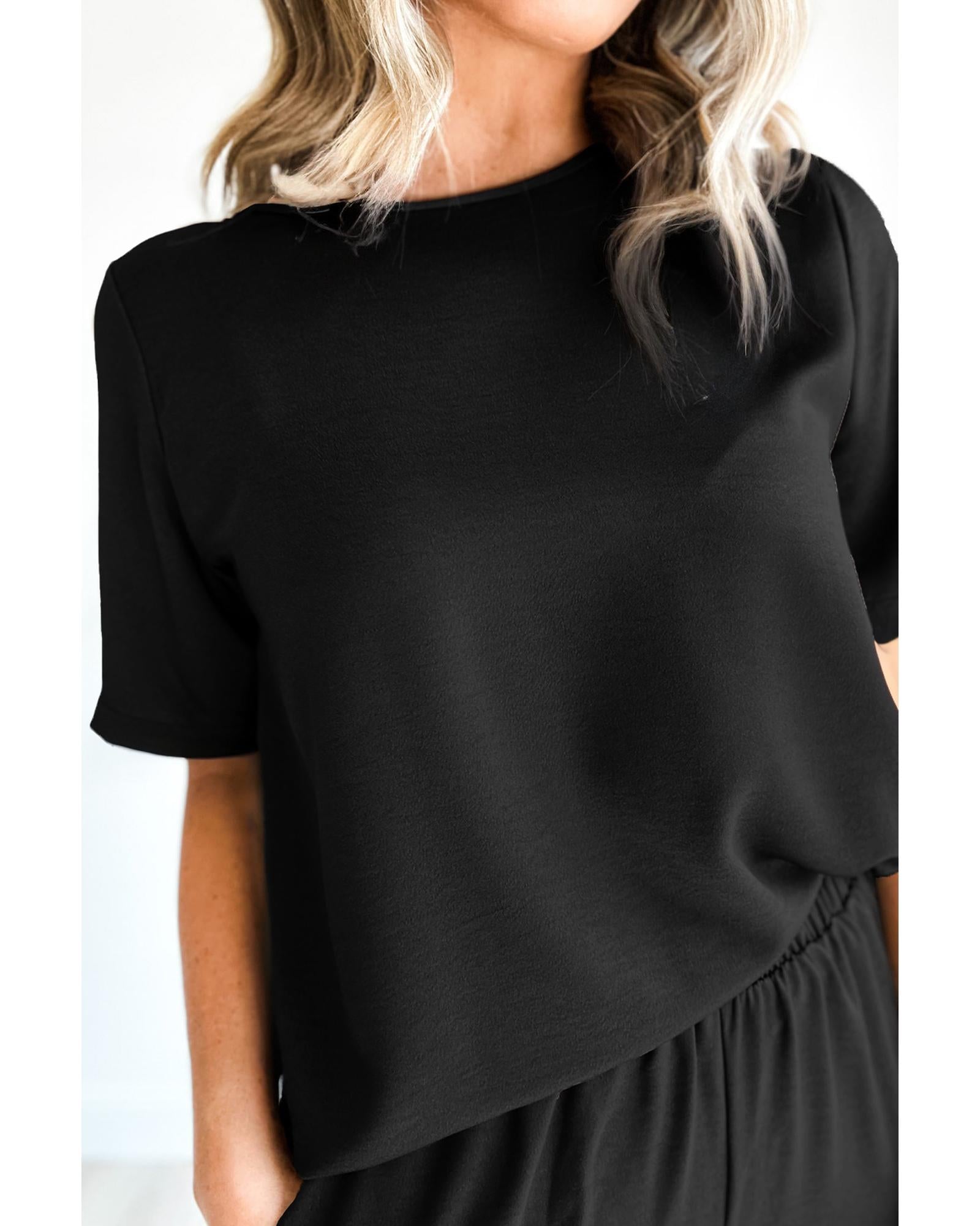 Black Solid Color T Shirt 2pcs Wide Leg Pants Set - M 3