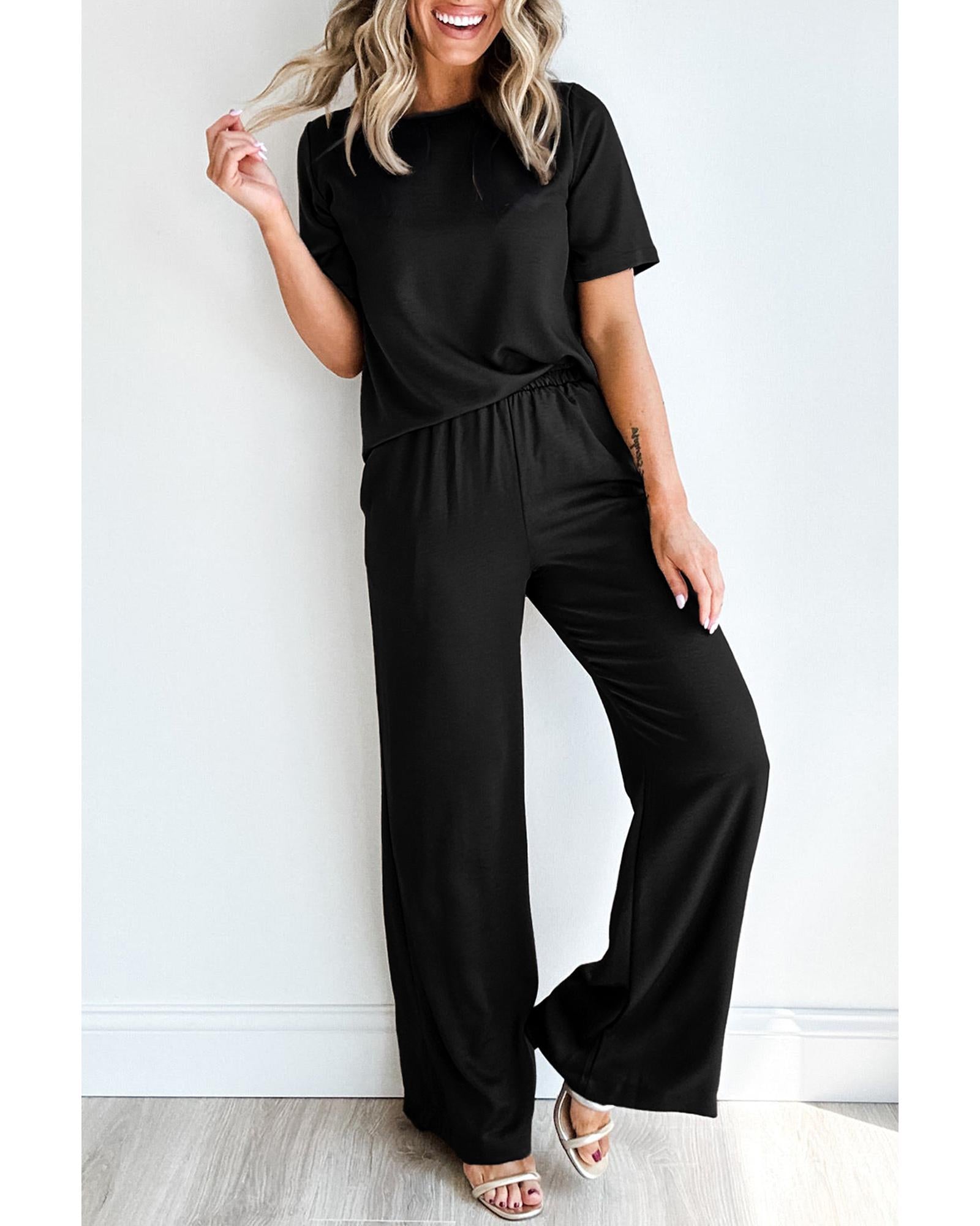 Black Solid Color T Shirt 2pcs Wide Leg Pants Set - M 7