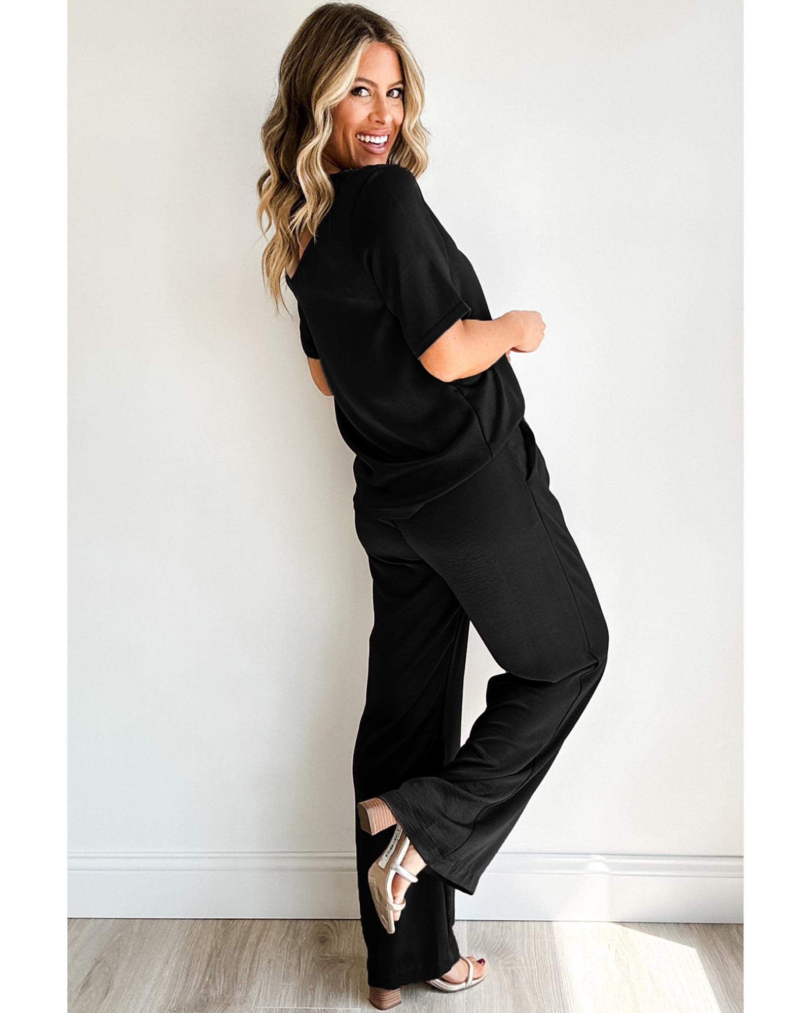 Black Solid Color T Shirt 2pcs Wide Leg Pants Set - S 5