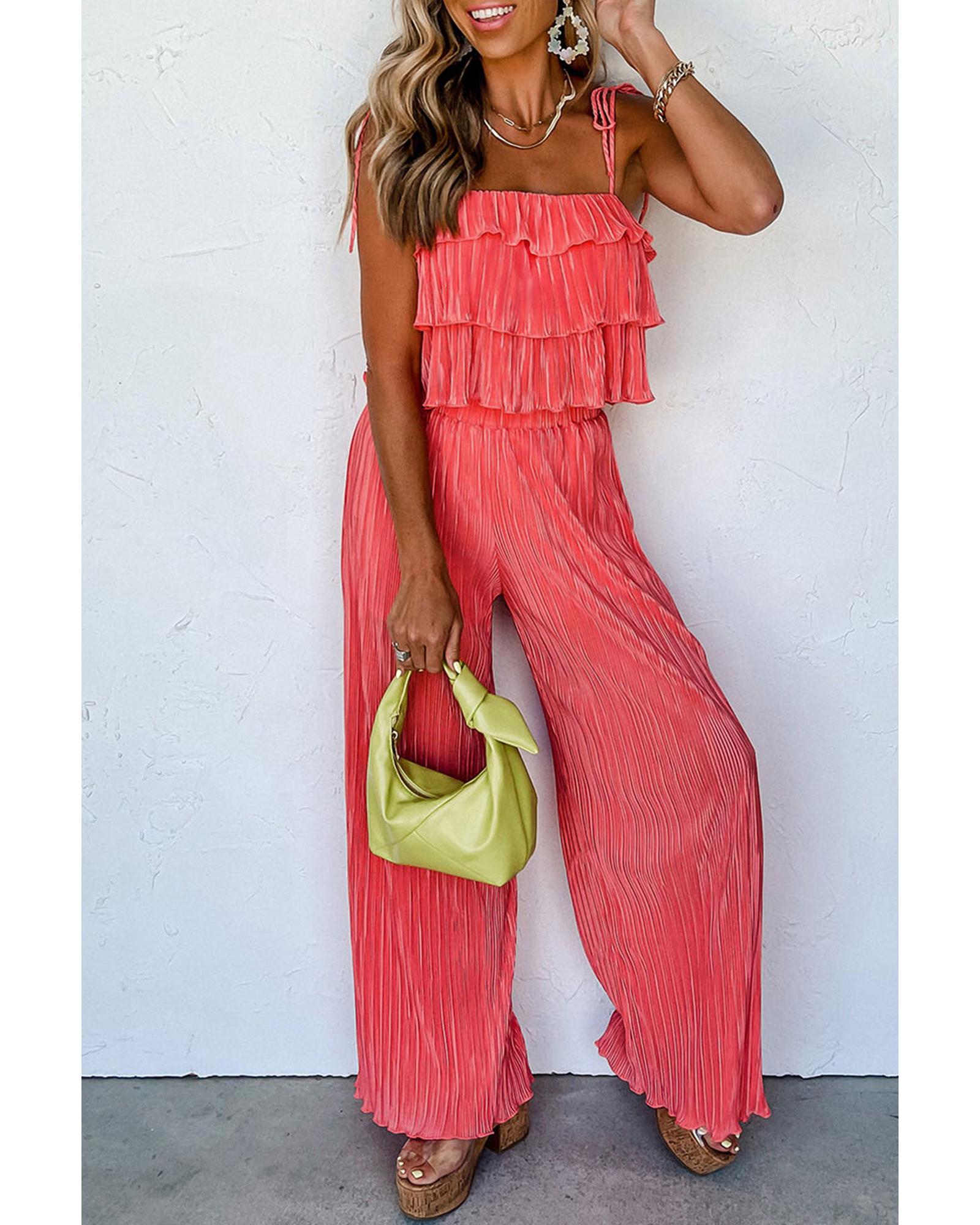 Pale Chestnut Ruffle Tiered Cami Pleated Wide Leg Pants Set - L
