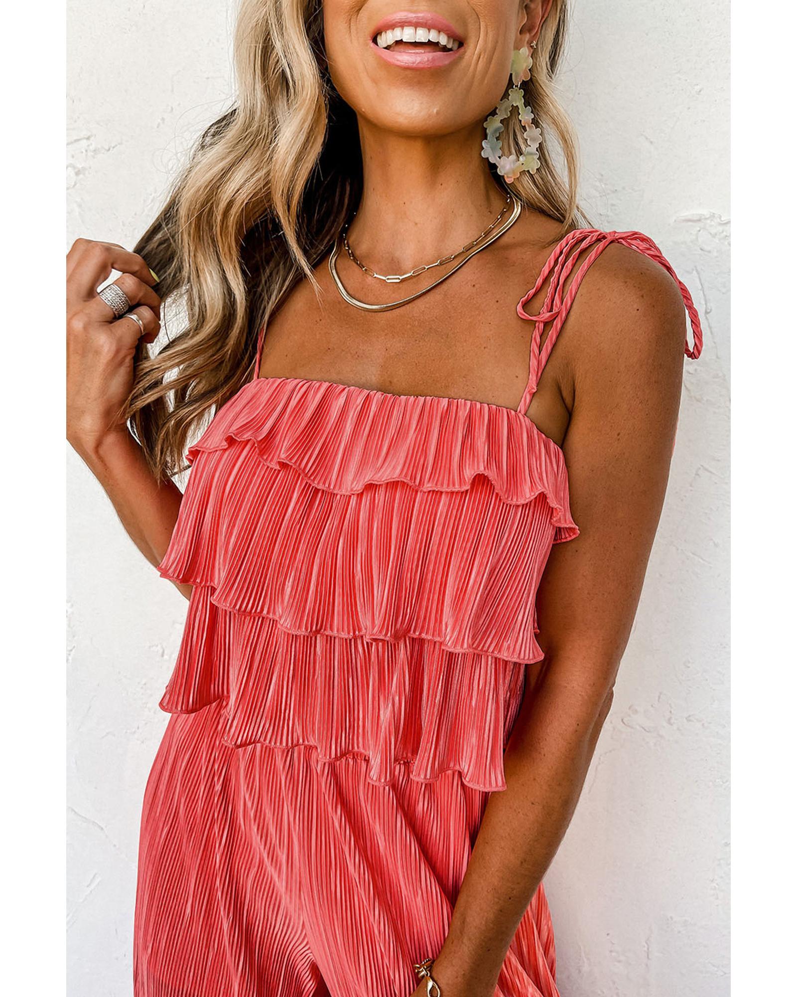 Pale Chestnut Ruffle Tiered Cami Pleated Wide Leg Pants Set - L 5
