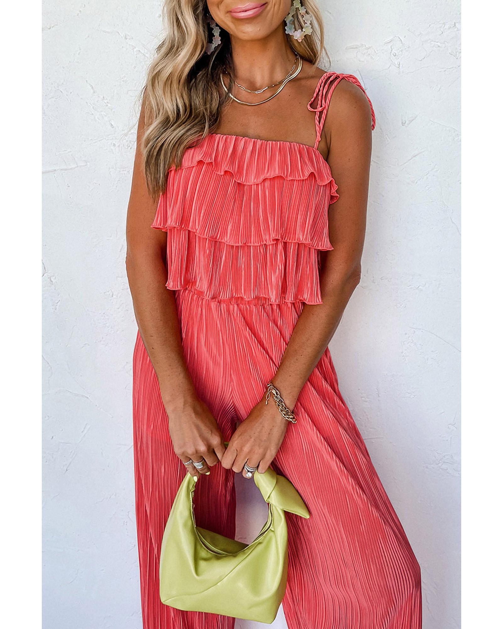 Pale Chestnut Ruffle Tiered Cami Pleated Wide Leg Pants Set - XL