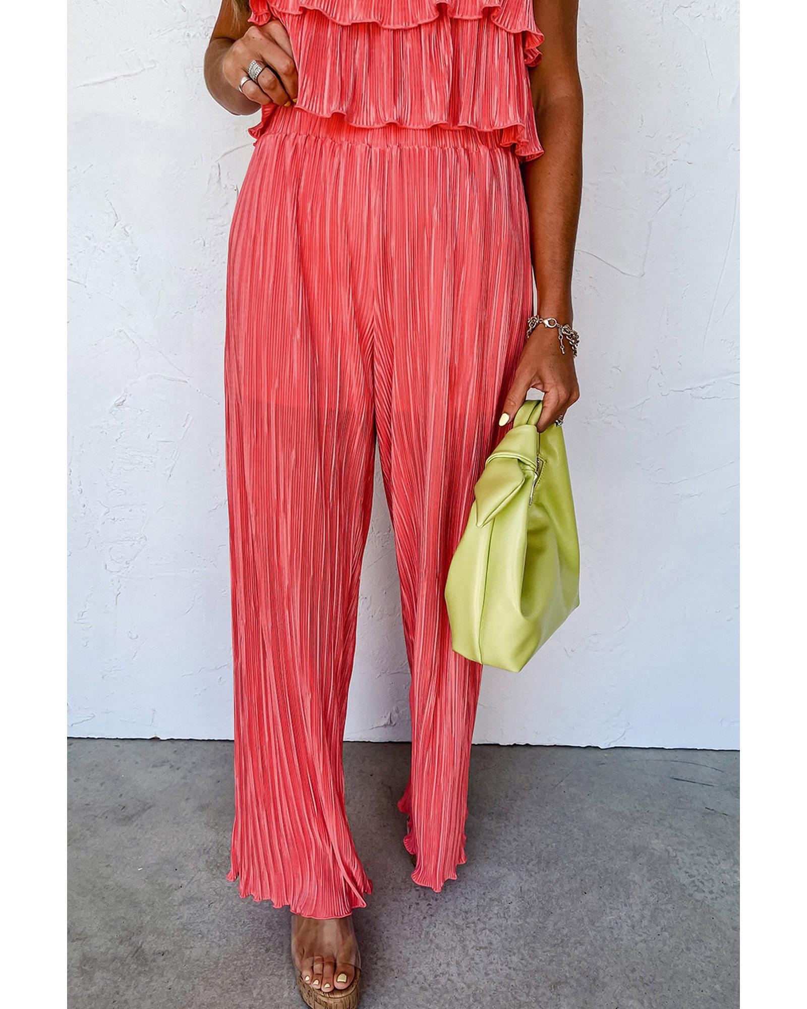 Pale Chestnut Ruffle Tiered Cami Pleated Wide Leg Pants Set - XL 3