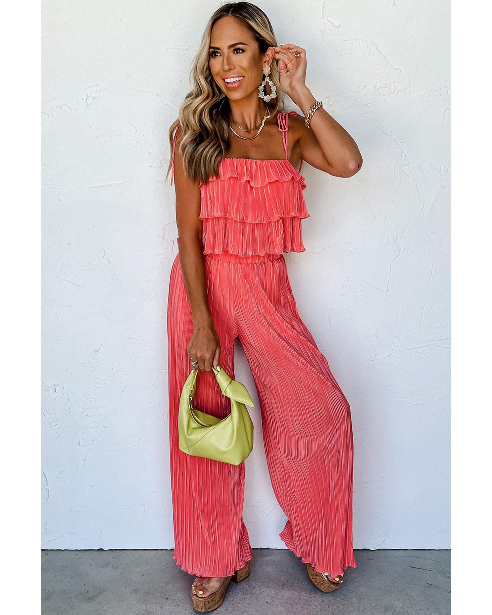 Pale Chestnut Ruffle Tiered Cami Pleated Wide Leg Pants Set - XL 4
