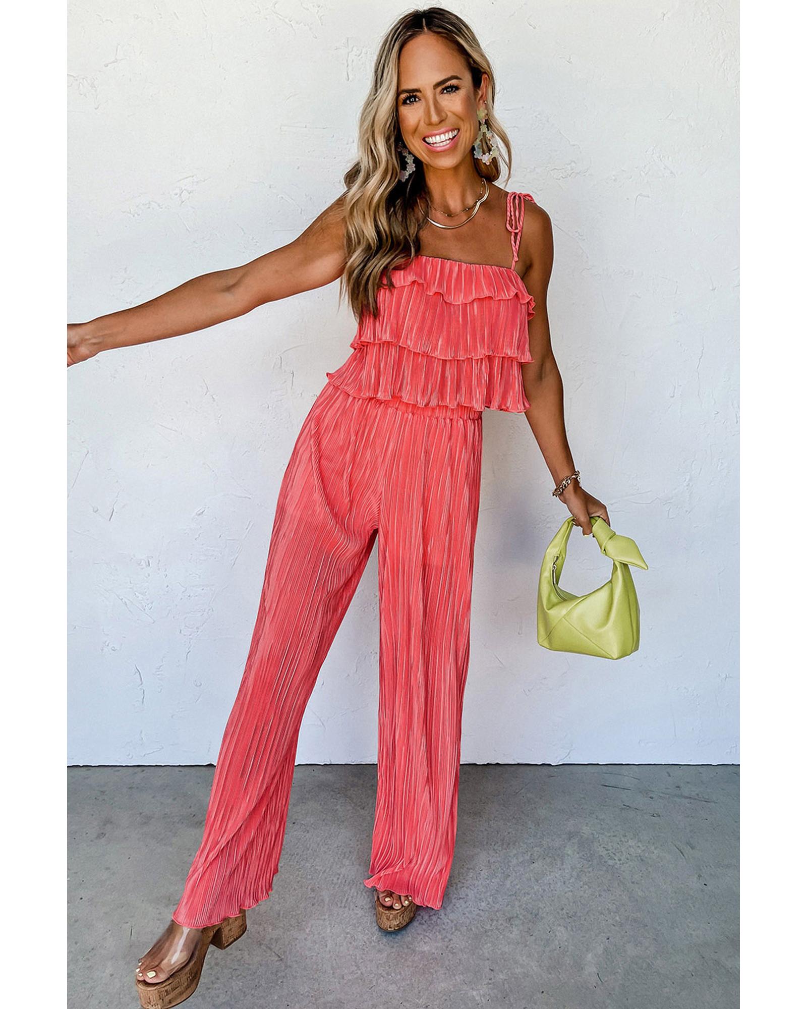Pale Chestnut Ruffle Tiered Cami Pleated Wide Leg Pants Set - XL 5