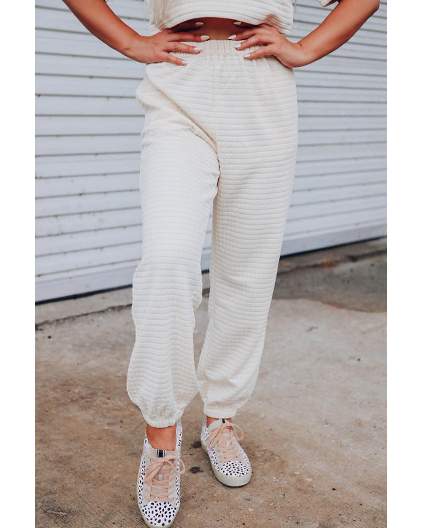White Lattice Textured Cropped Tee and Jogger Pants Set - L