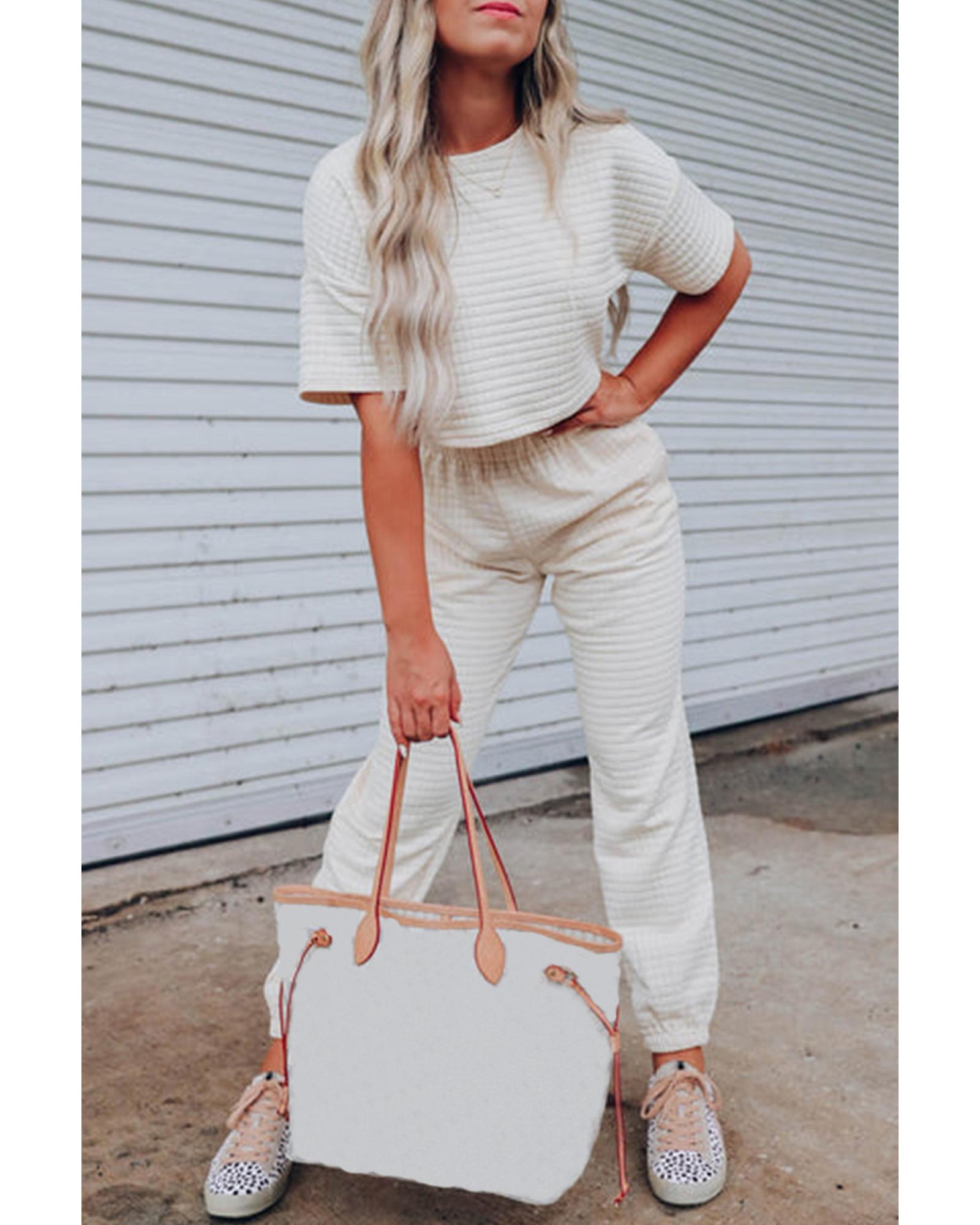 White Lattice Textured Cropped Tee and Jogger Pants Set - M 4