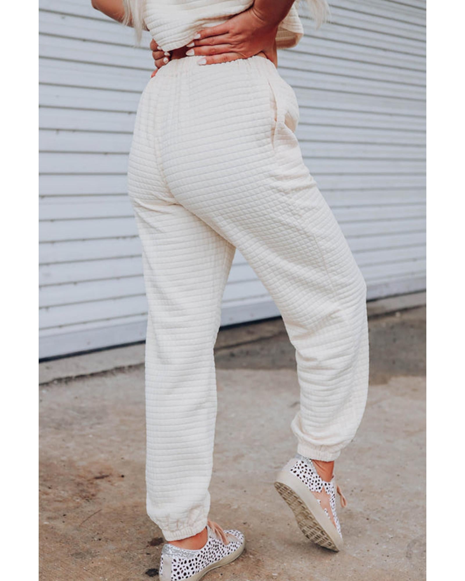 White Lattice Textured Cropped Tee and Jogger Pants Set - M 6