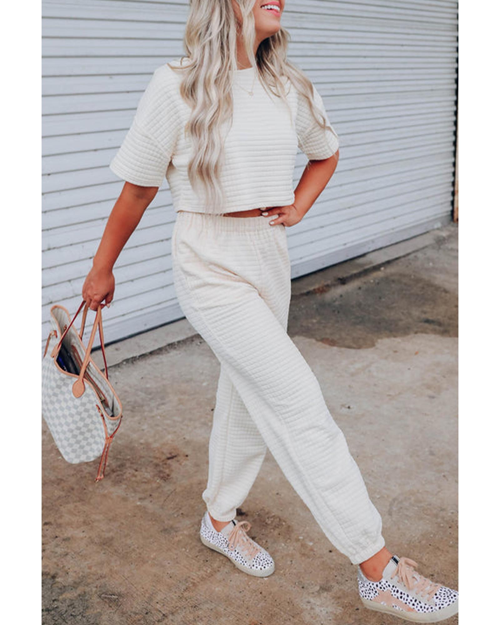 White Lattice Textured Cropped Tee and Jogger Pants Set - M 8