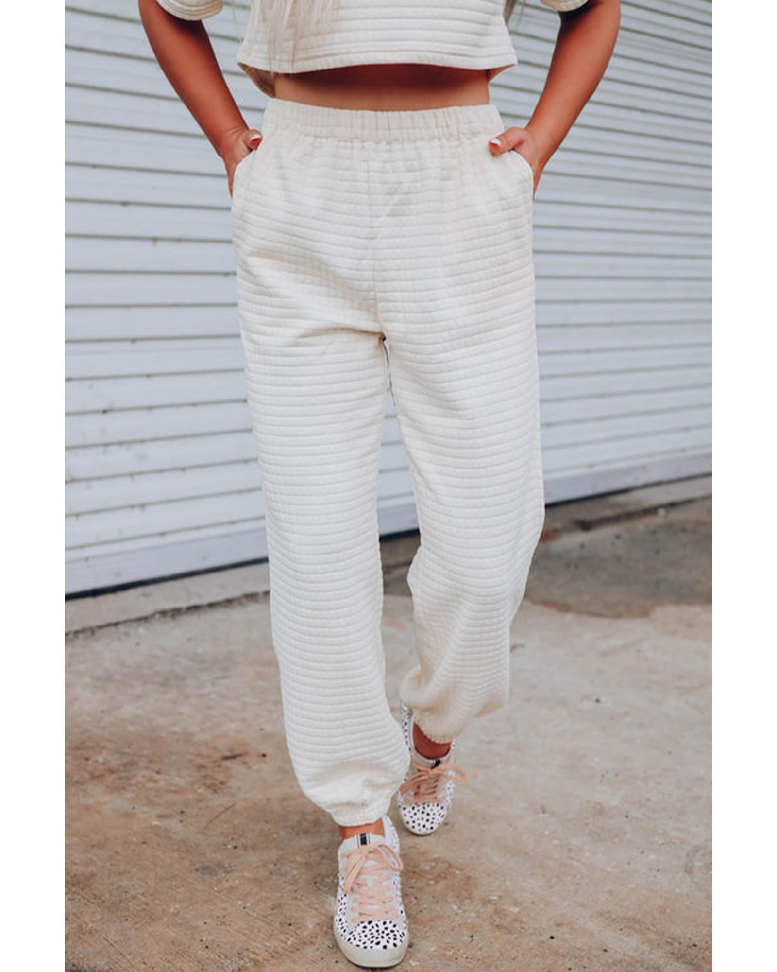 White Lattice Textured Cropped Tee and Jogger Pants Set - XL