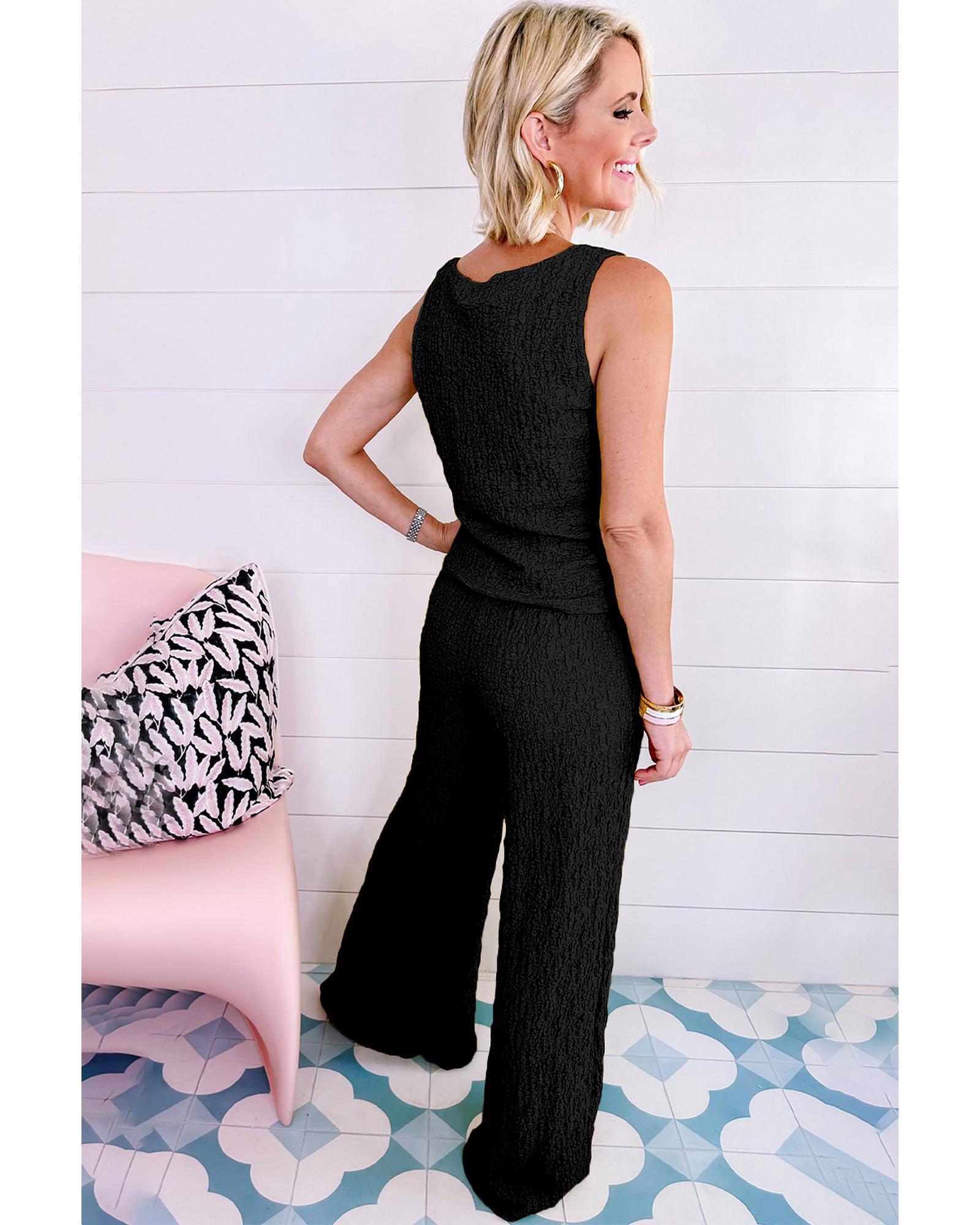 Black Crinkled U Neck Tank Top and Wide Leg Pants Set - XL 4