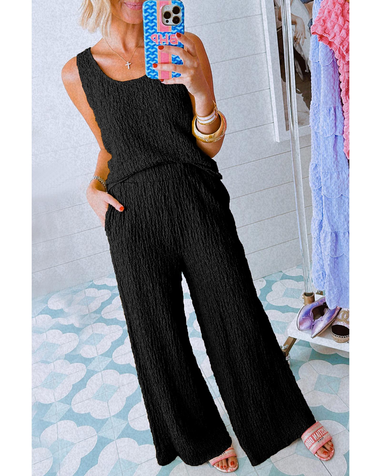 Black Crinkled U Neck Tank Top and Wide Leg Pants Set - XL 8