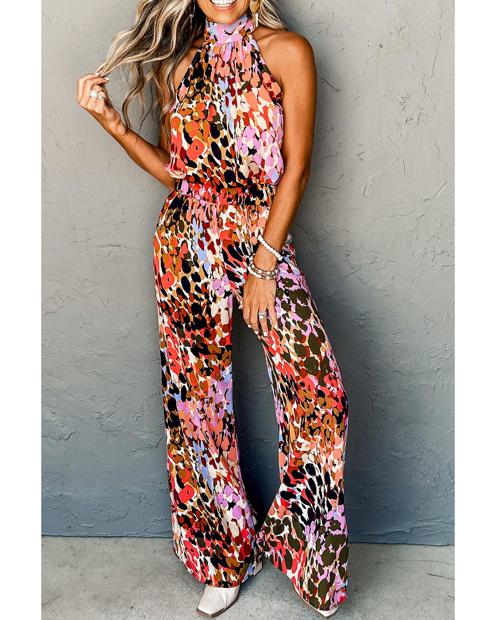 Black Multicolor Leopard Print Halter Tank Top and Pants Set - L 7