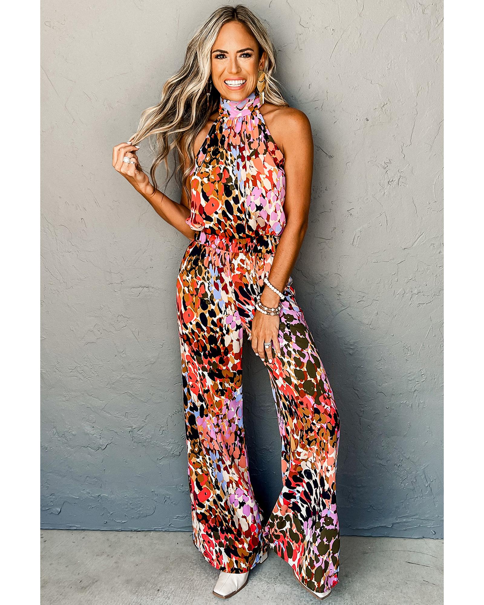 Black Multicolor Leopard Print Halter Tank Top and Pants Set - M