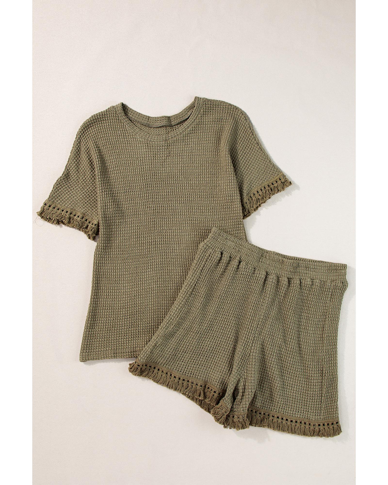 Laurel Green Fringe Trim Textured Short Two Piece Set - L