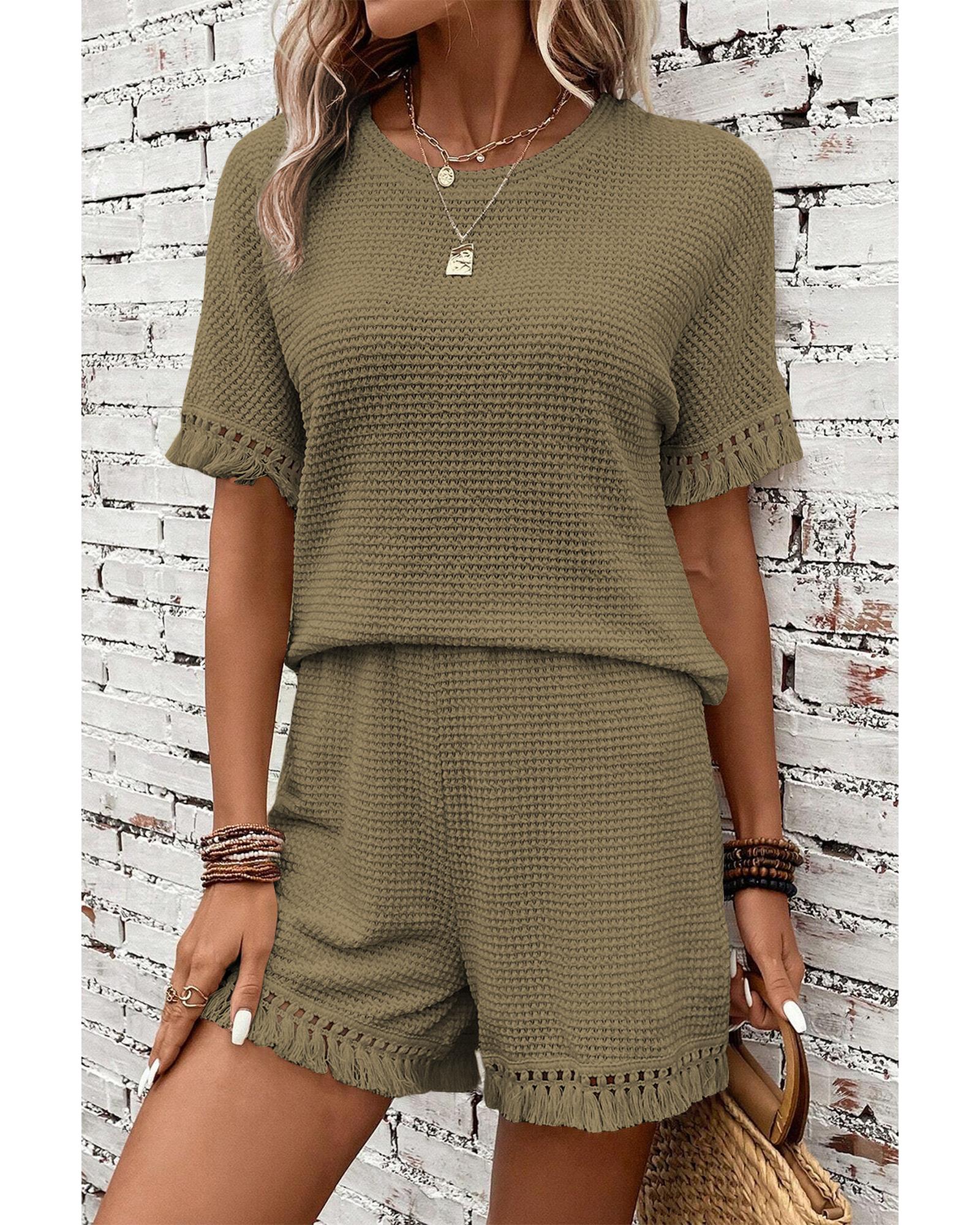 Laurel Green Fringe Trim Textured Short Two Piece Set - M 3