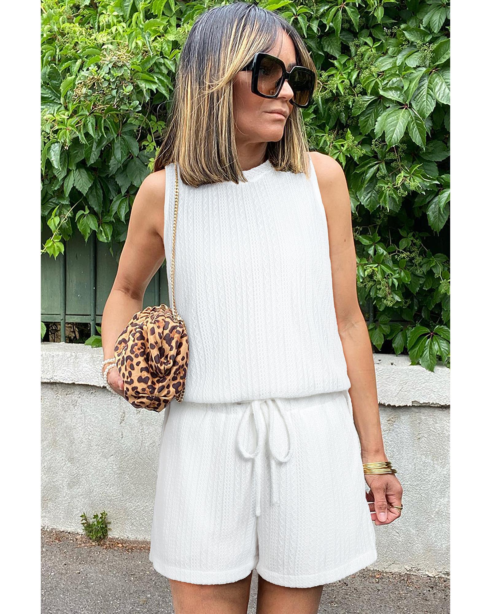 Beige Textured Knit Tank Top and Drawstring Shorts Set - S 3