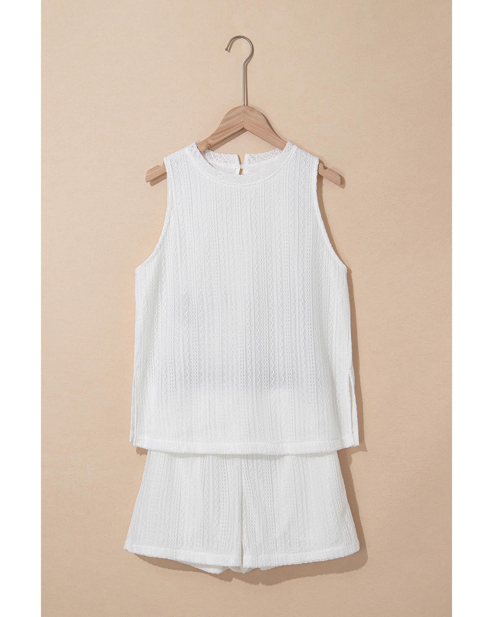Beige Textured Knit Tank Top and Drawstring Shorts Set - S 4